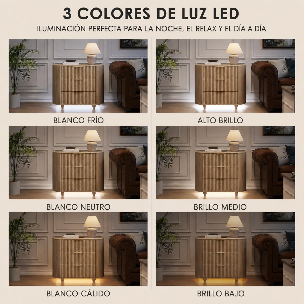 ZKIODV Ovalada Mesita de Noche con Enchufes, LED Mesita de Noche con 3 Cajones, Moderna Mesilla de Noche Grande, iluminación LED 3, USB y USB-C, Mesilla Madera Dormitorio, 65 x 80 x 45 cm (Roble)