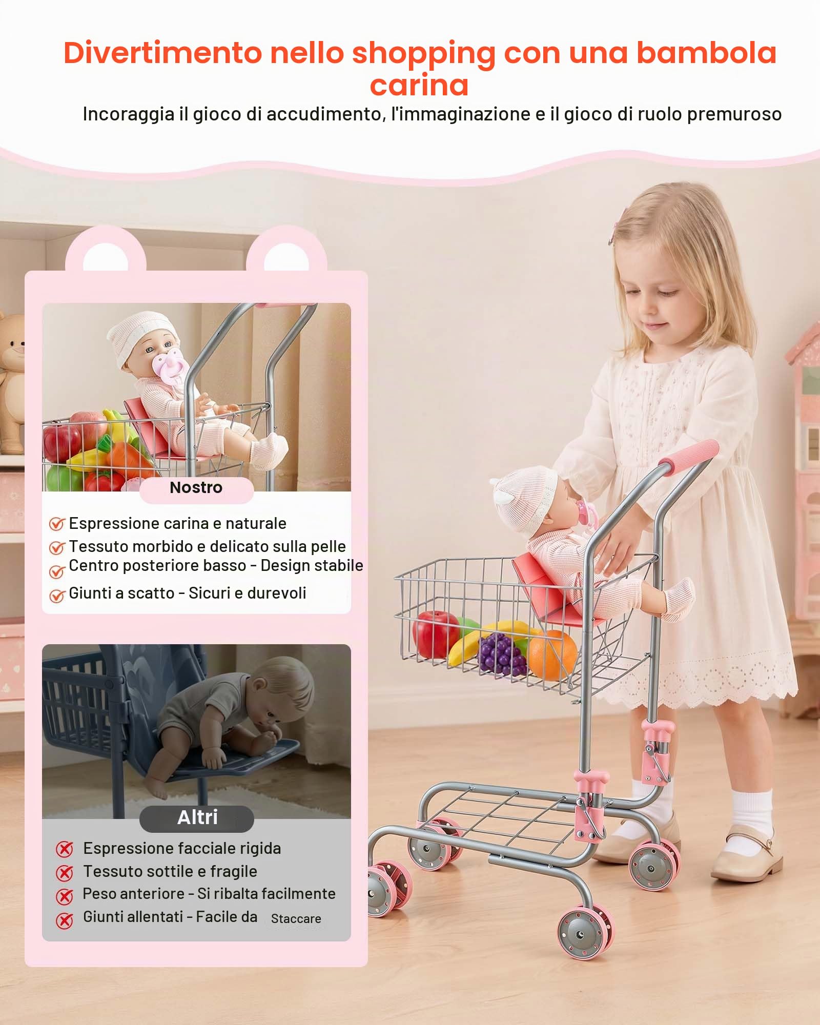 VEVOR Carrello della Spesa Giocattolo per Bambini dai 3 Anni, Carrello Supermercato Giocattolo, Telaio Robusto in Metallo, Sedile per Bambole, Ruote Scorrevoli, Cestino a Rete, Gioco di Ruolo Negozio