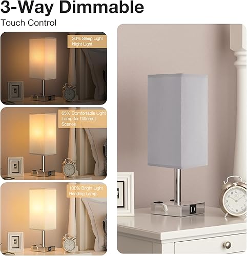 Miniatura 2 de Lámpara de mesita de noche con base negra, con control táctil, puertos de carga USB C+A y tomas de corriente alterna duales, lámpara de mesita de