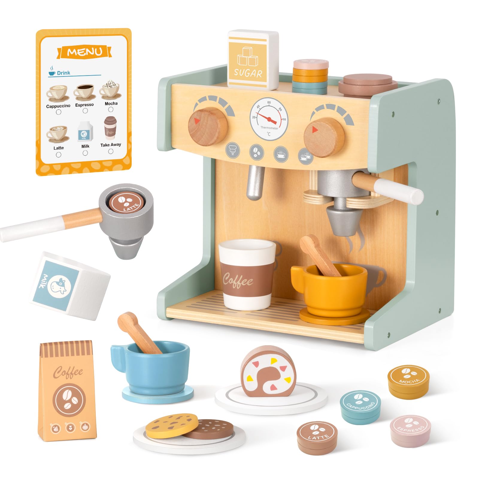 OOOK 2-in-1 Kids Wooden Coffee Machine Toy, Wooden Kitchen Toys Play Food, Toddler Pretend Play Small Coffee Shop with 28 Pcs Toy Kitchen accessories for Girls & Boys