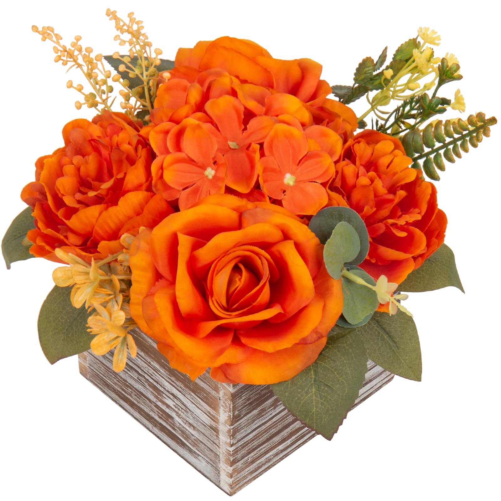 Hollyone Artificial Flowers Mixed Roses Hydrangeas Peonies in Pot, Orange Silk Flowers Decorative Faux Flowers with Pot for Centerpiece, Wedding, Bathroom, Kitchen, Home Decor