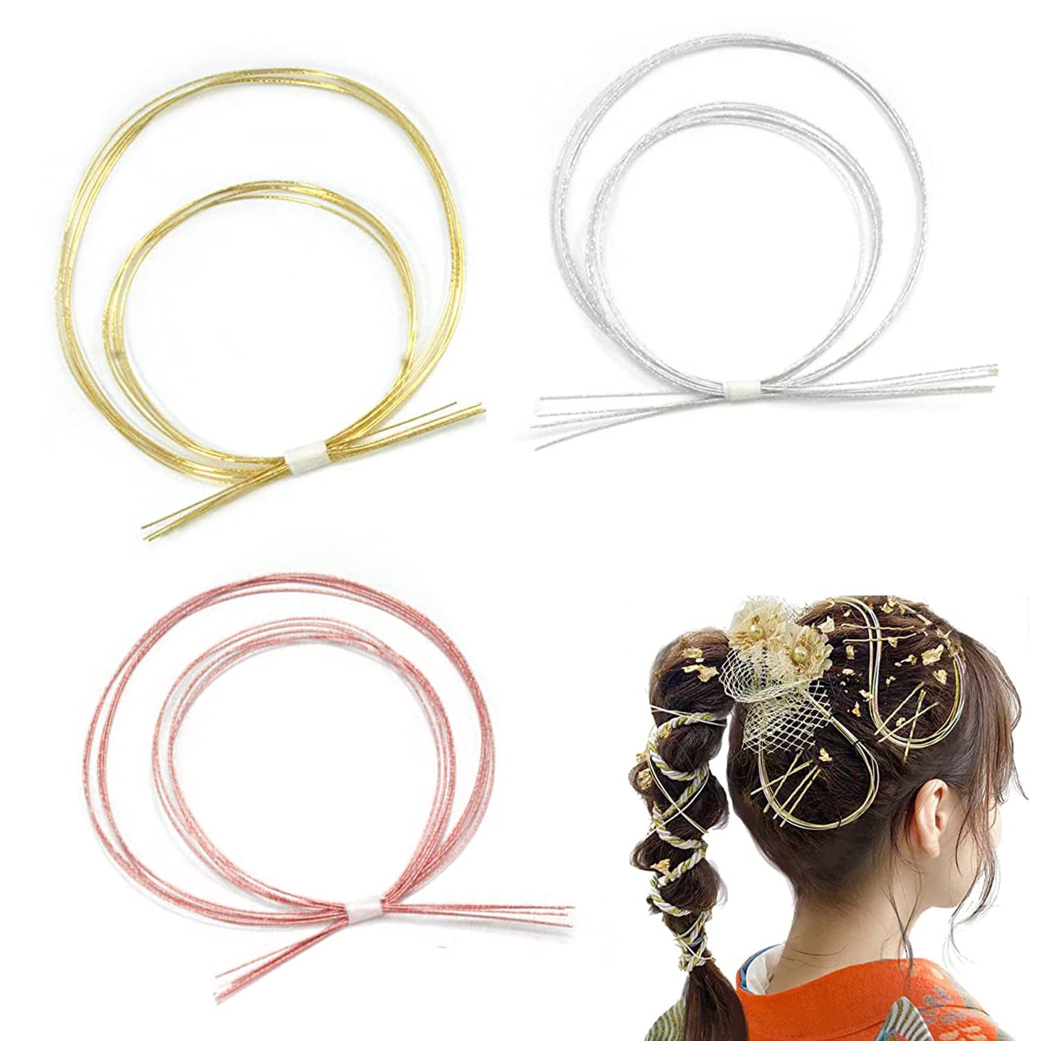 Water String Hair Ornaments, Set of 30, 3 Colors, Watering Cord, Handicraft, Material, Hand-Knitted, DIY Decorative Item, Gold, Silver, Pink : Office Products