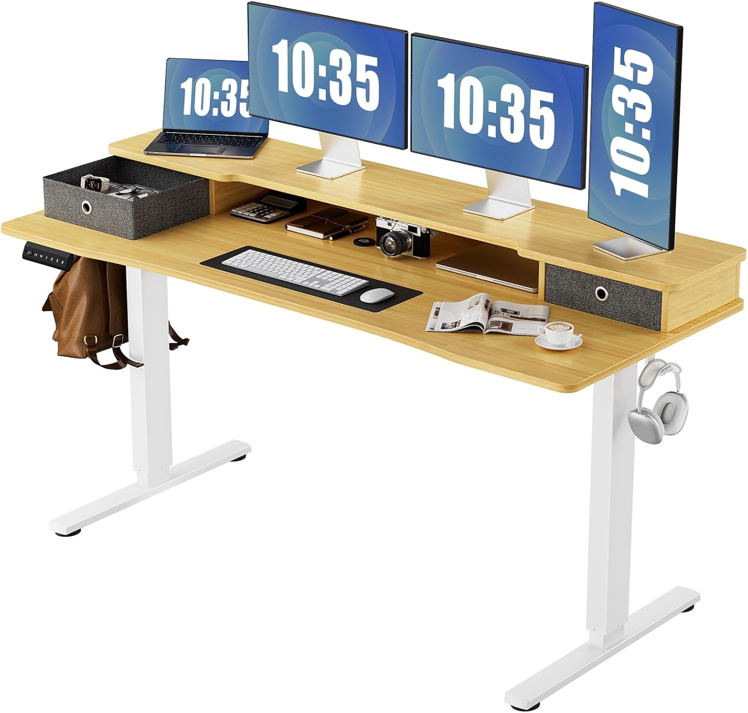 Sweetcrispy Electric Standing Desk with Double Drawer - 63 x 24 inch Adjustable Height Sit to Stand Up Desk with Storage Shelf, Rising Home Office Computer Table with Splice Board Nature With Double Drawer & Shelf 63IN x 24IN