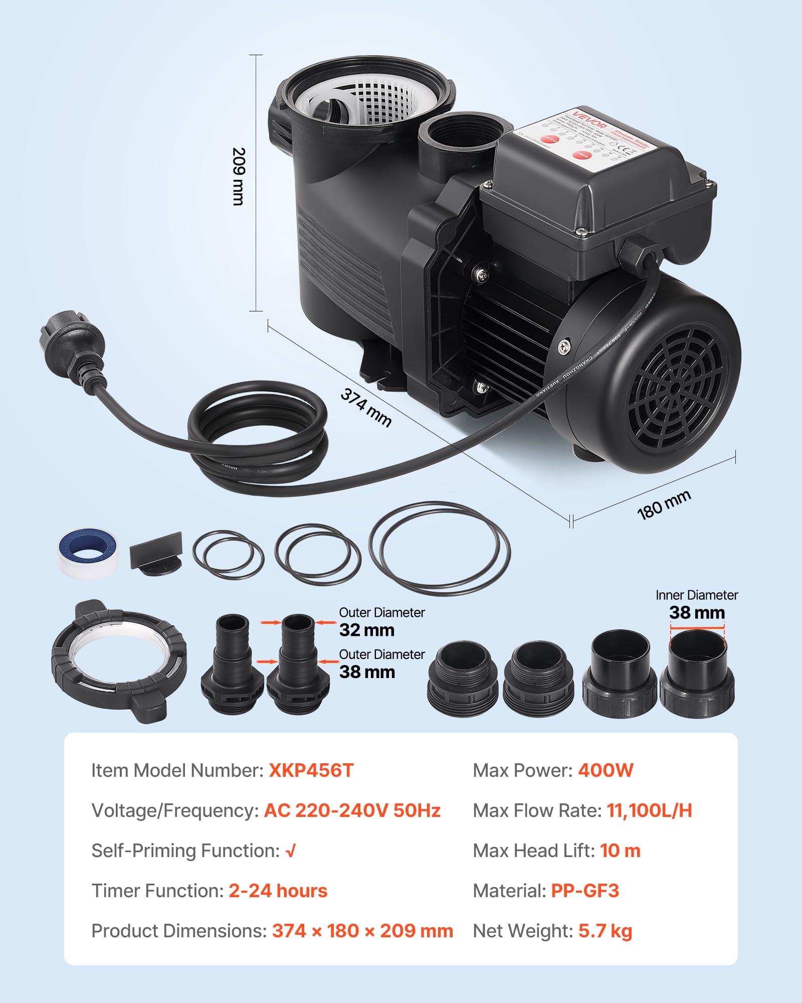 VEVOR Bomba para Piscina 400 W Caudal Máximo de 11100 L/H Bomba de Filtración para Piscina de Una Sola Velocidad, CA 220-240 V, Altura de Elevación Máxima de 10 m, con Temporizador de 24 Horas