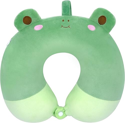 JEROKUMI Almohada de viaje de espuma viscoelástica para niños, linda almohada de cuello para niños de rana para viajes, almohada en forma de U de