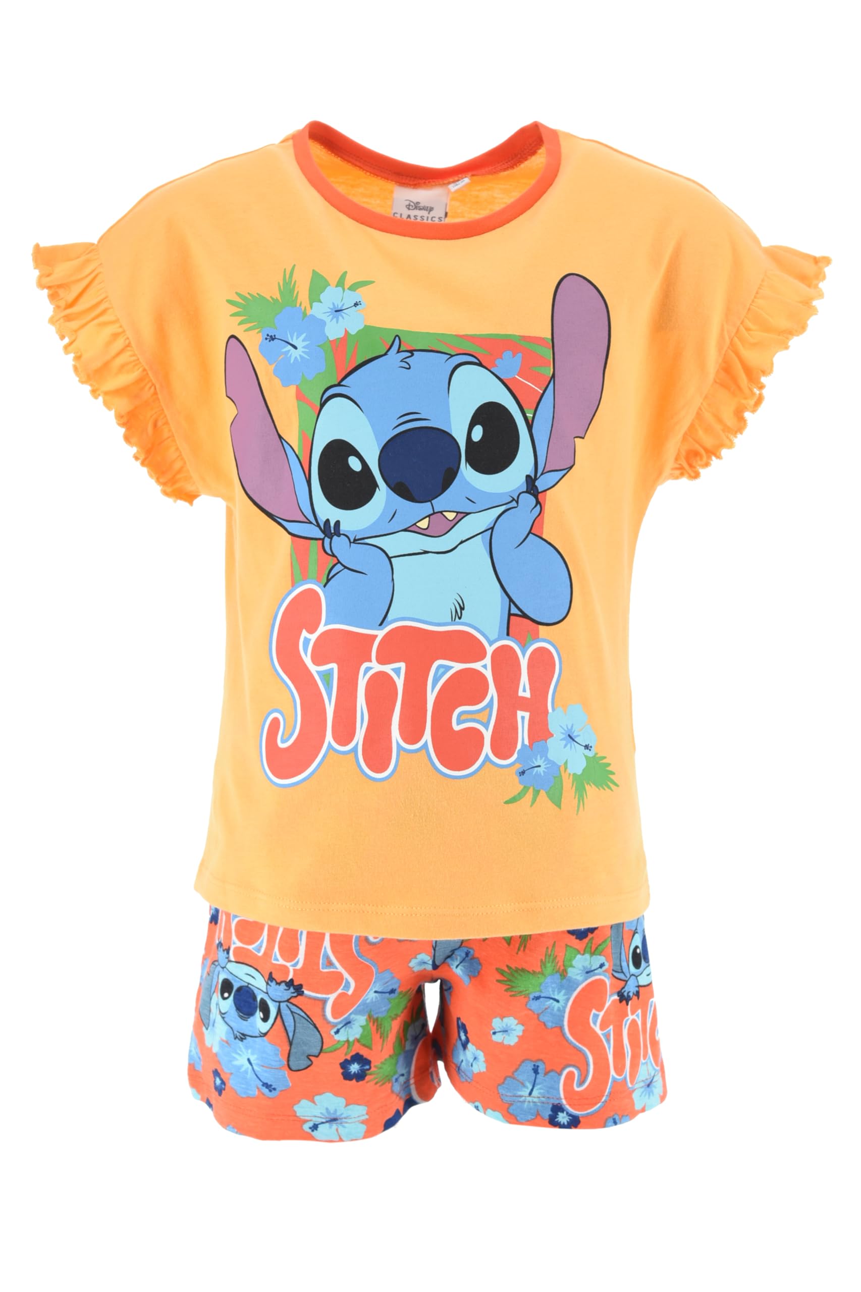 Disney Stitch Camiseta y Pantalón Corto para Niña, Pijama Algodón Suave, Tropical' Stitch Conjunto 2 Piezas Verano, Tallas 6 a 12 Años