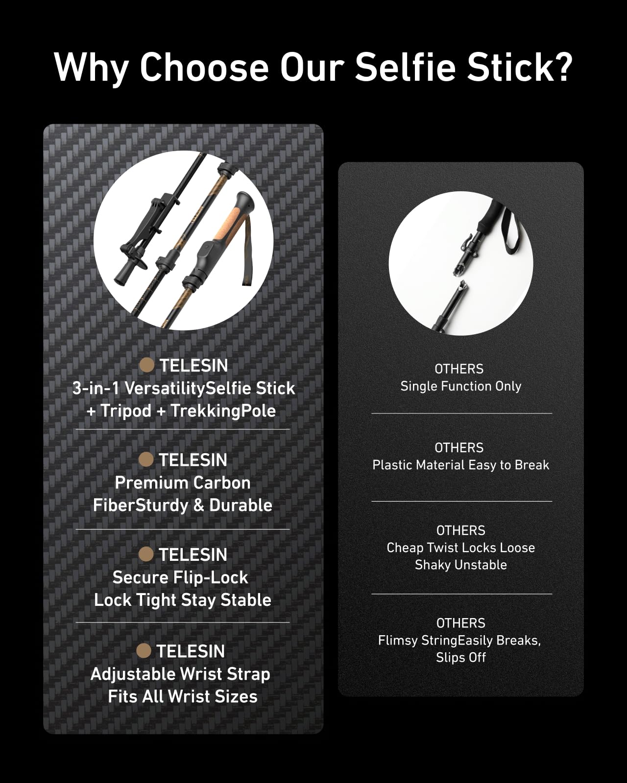 TELESIN TrekShot - Trípode para selfie de fibra de carbono, 3 en 1, estilo senderismo, poste extensible de 58 pulgadas para teléfono y cámaras de acción, trípode de teléfono Vlog para caminatas por