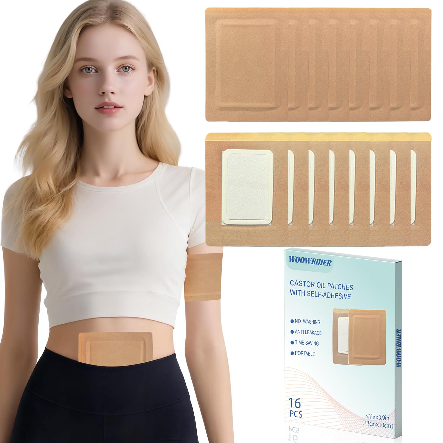 16 Pcs Castor Oil Patches, Disposable Portable Castor Oil Packs with Anti Leakage Cotton for Belly/Feet/Knee (Oils Not Included), 5.1" x 3.9"