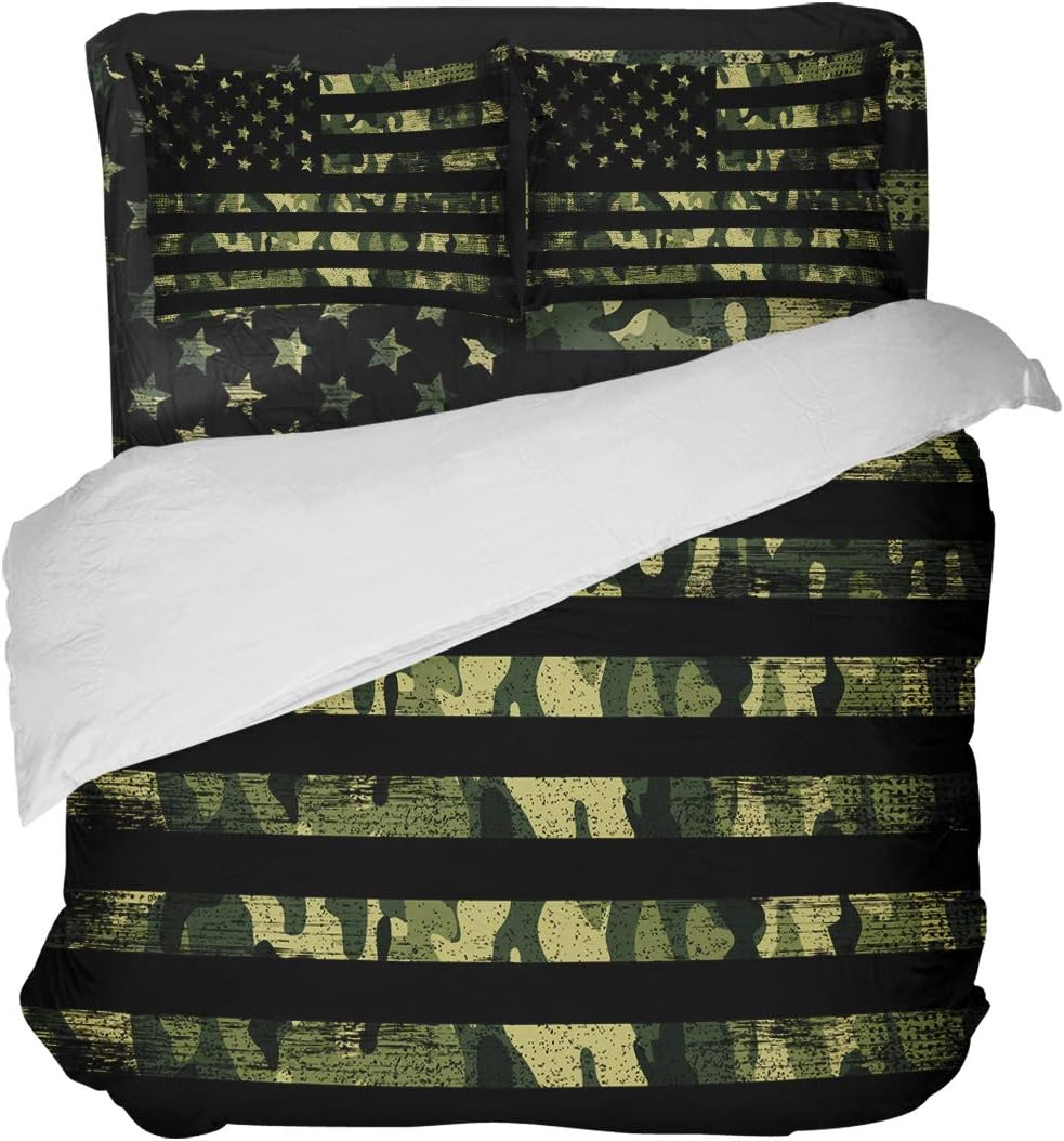 Camouflage 4 Pieces Duvet Cover Sets, Queen American Patriotic Flag Soft Bedding Comforter Covers Set with 2 Pillow Shams Lightweight Bedspread Bed Sheet USA Stars Stripes for Boys/Kids/Teens/Adults