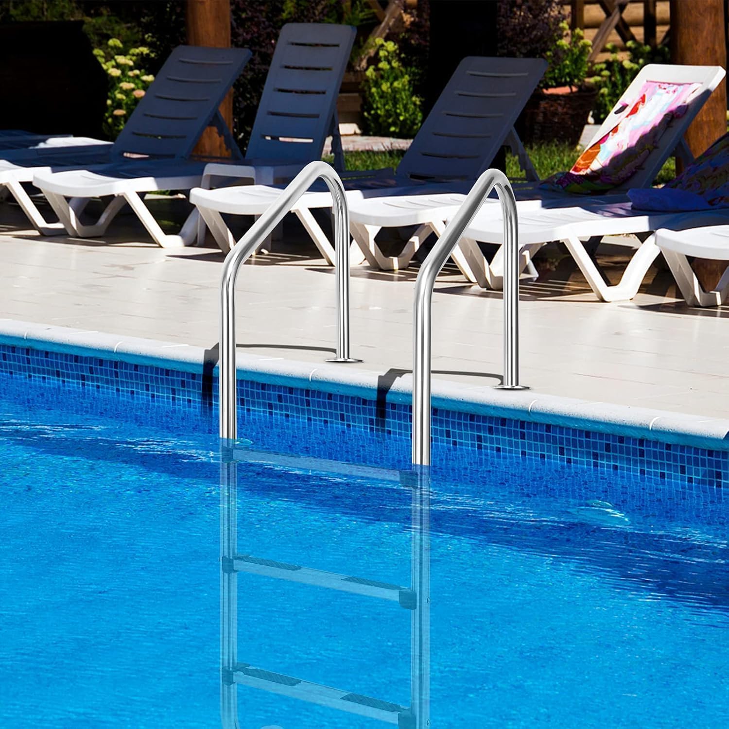 RELAX4LIFE Escalera de Piscina de Acero Inoxidable de 3 Niveles con Pasamanos, Escalera de Entrada de Piscina con Almohadillas Antideslizantes, Carga 150 kg, 63x53x147cm, Plateado