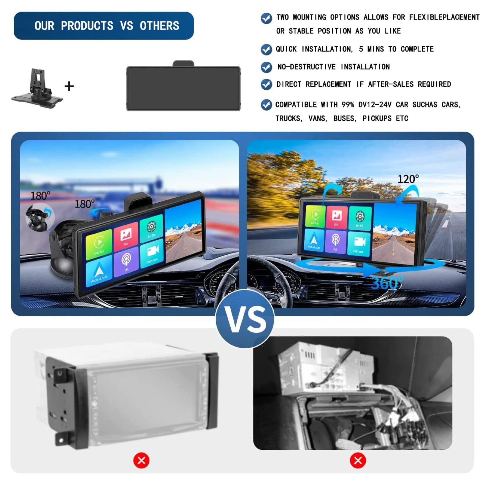 Przenośne radio samochodowe z Bluetooth i ekranem dotykowym HD 9,3", odtwarzacz multimedialny, kompatybilny z Bluetooth/GPS/Mirror Link do wszystkich pojazdów