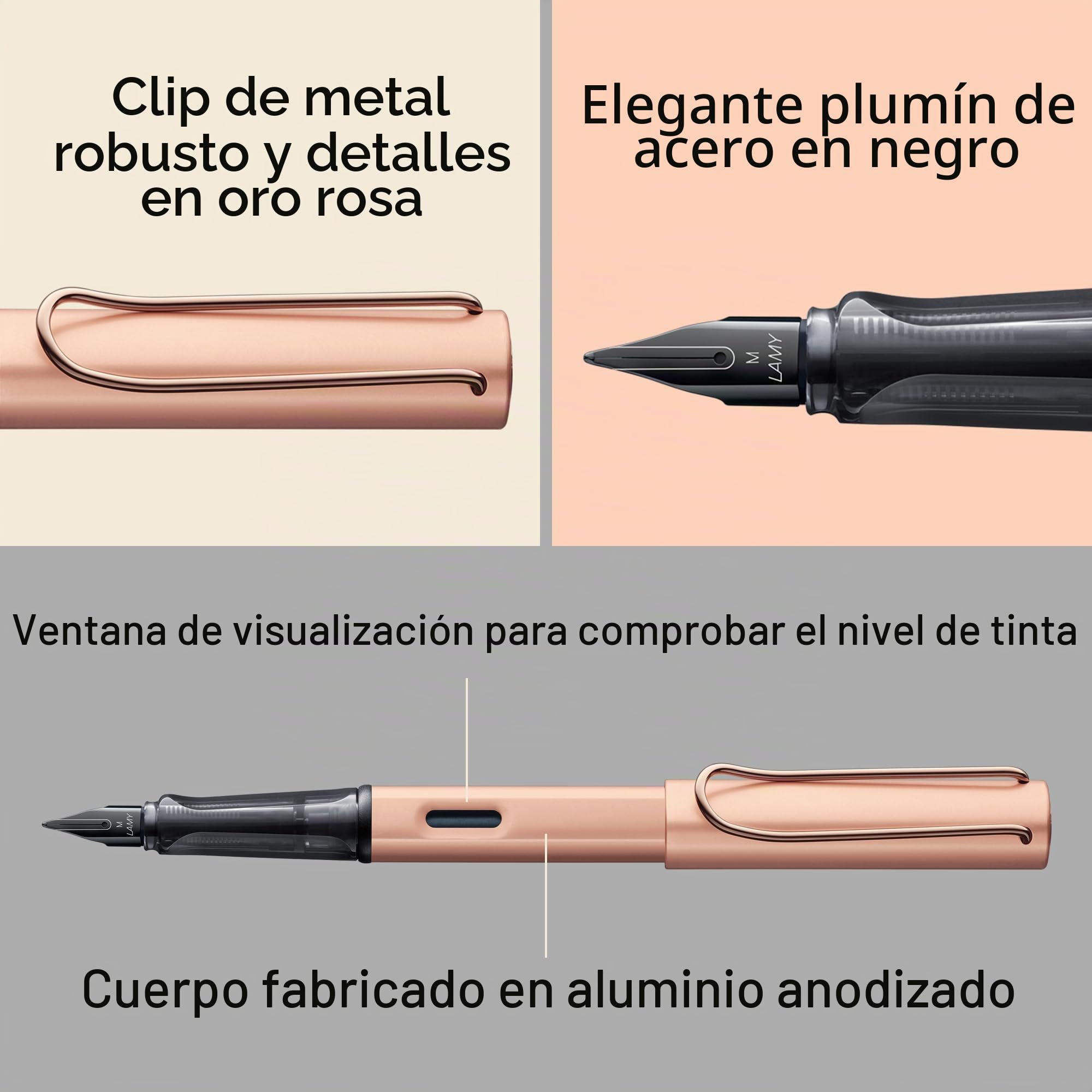 Lamy Pluma estilográfica Lx rosegold -Plumín con recubrimiento PVD y agarre ergon. -Plumín de acero M -Cuerpo ligero de aluminio -Con cartucho de tinta azul T 10 y estuche metálico-Para diestros