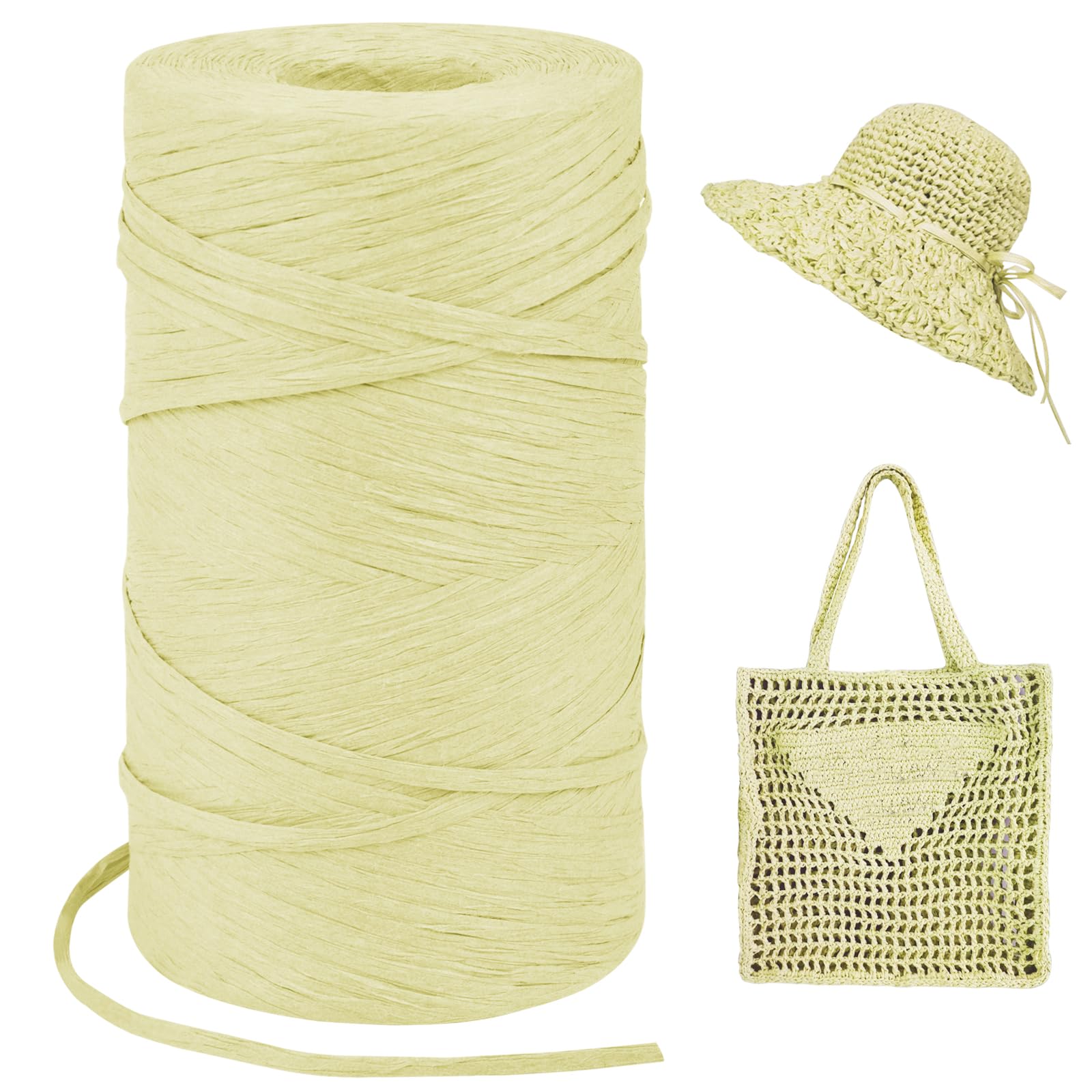 Light Yellow Raffia Yarn for Crochet Bags, 3mm x 328 Yards Flat String Raffia Ribbon for Gift Wrapping, Raffia Paper Ribbon Yarn for Crocheting Sun Hat, Bag, DIY Crafts, Holiday Decoration
