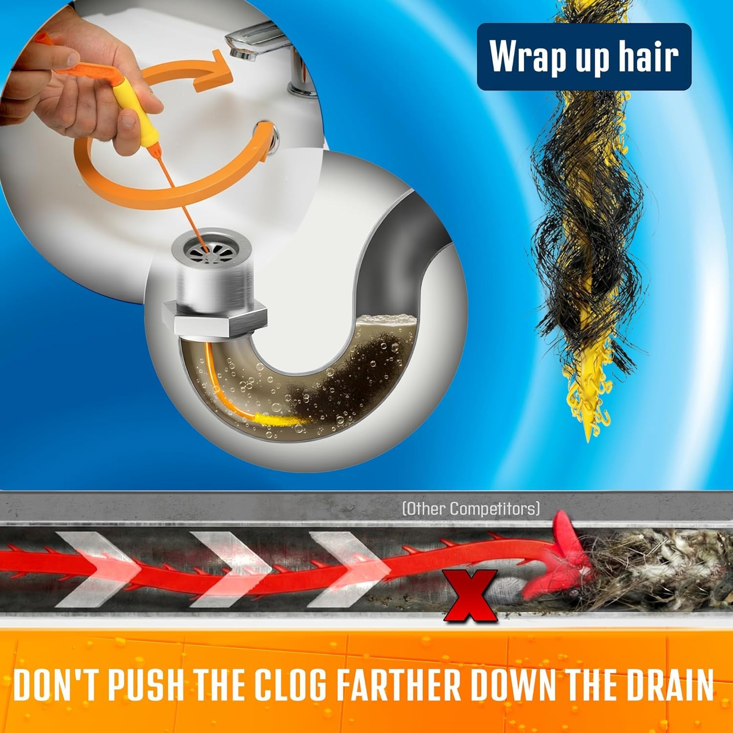 FlexiSnake Kit de herramientas para eliminar obstrucciones de pelo de serpiente, fregadero, tubería, baño, limpiador de drenaje de tina, 18 pulgadas de largo, flexible, fabricado en los Estados Unidos