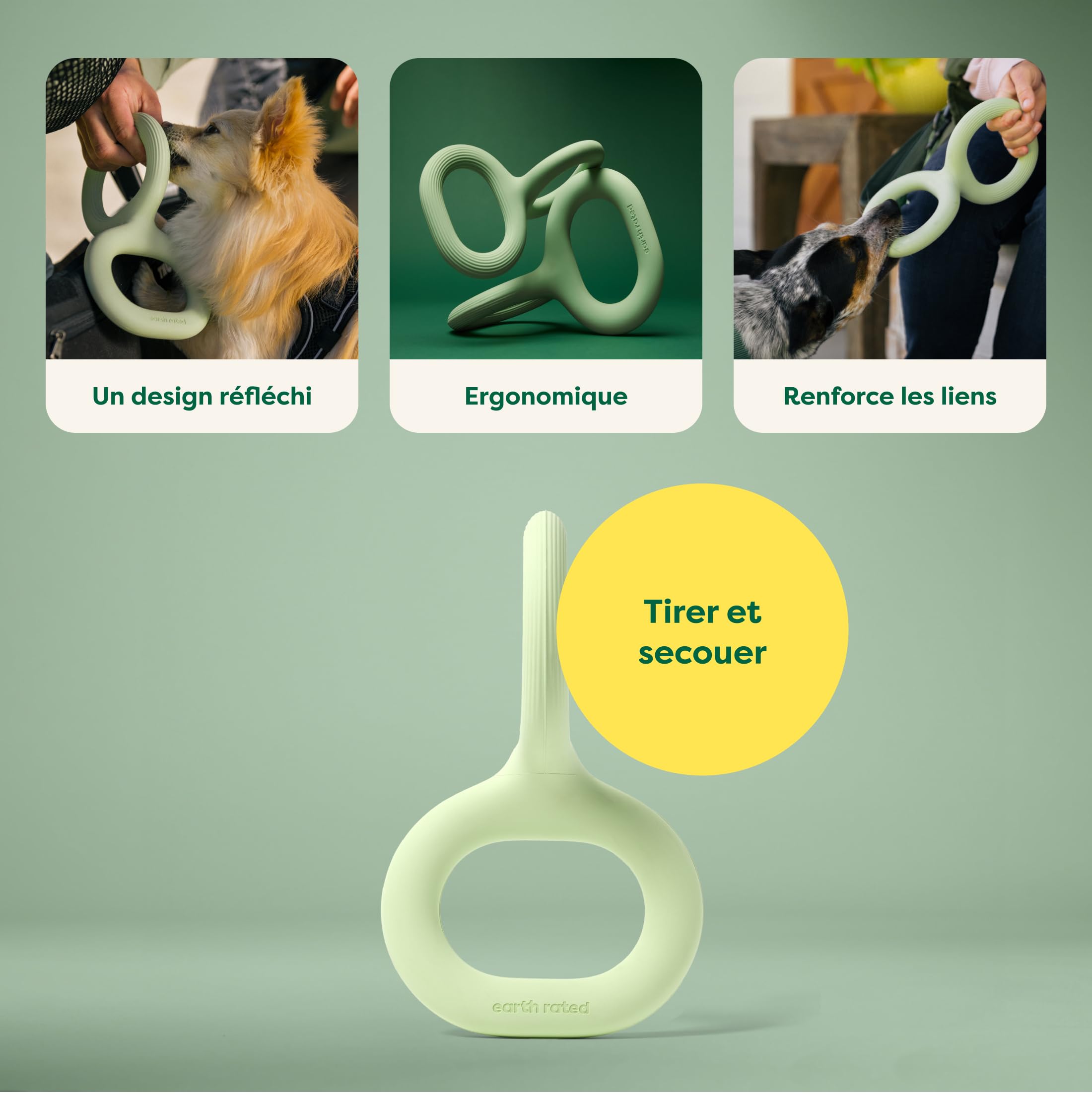Earth Rated Tug of War Jouet interactif à Tirer pour Chien Adulte et Chiot - Prise en Main Ergonomique - Caoutchouc Naturel - Taille S - Vert