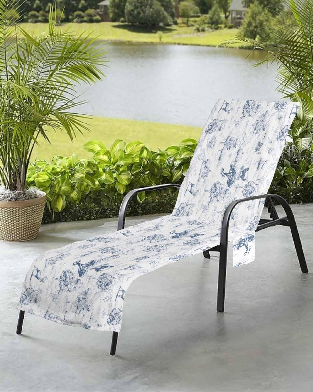 Beach Pool Patio Lounge Chaise Chair Cover Towel with Pockets,Countryside Absorbent & Quick Dry Microfiber Towel Cover Bag Summer Travel Accessories Retro Cottage Tree Farm Dog Animal Blue