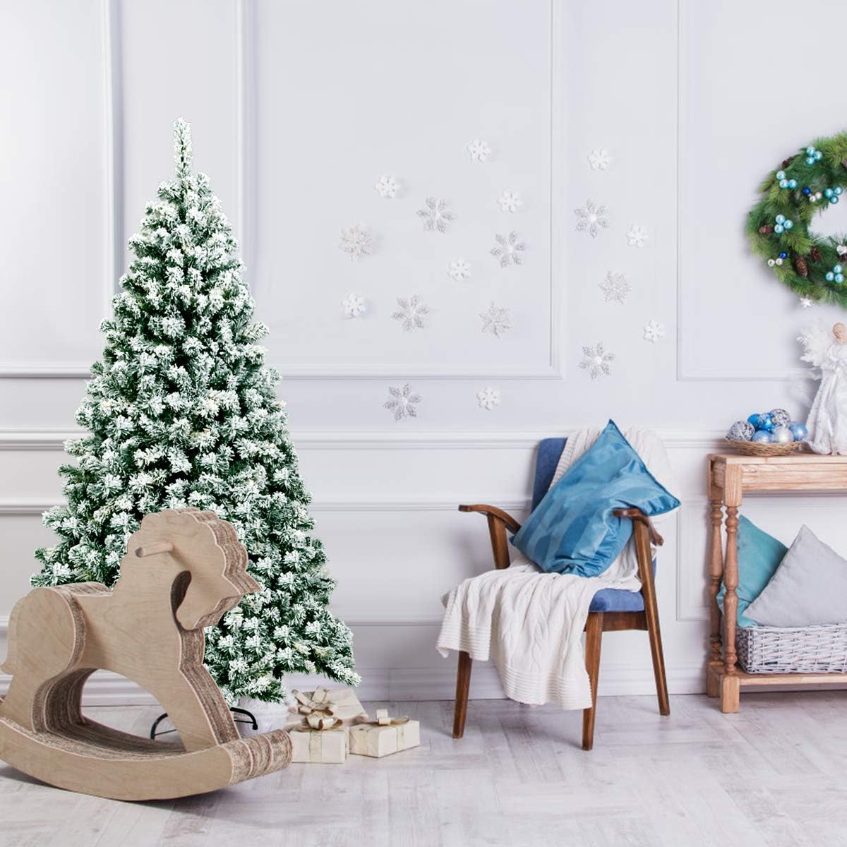 COSTWAY 135/180/225cm Künstlicher Weihnachtsbaum mit Schnee und warmweißen LED-Leuchten, Tannenbaum mit Metallständer, Christbaum PVC Nadeln, Kunstbaum Weihnachten grün (180cm)