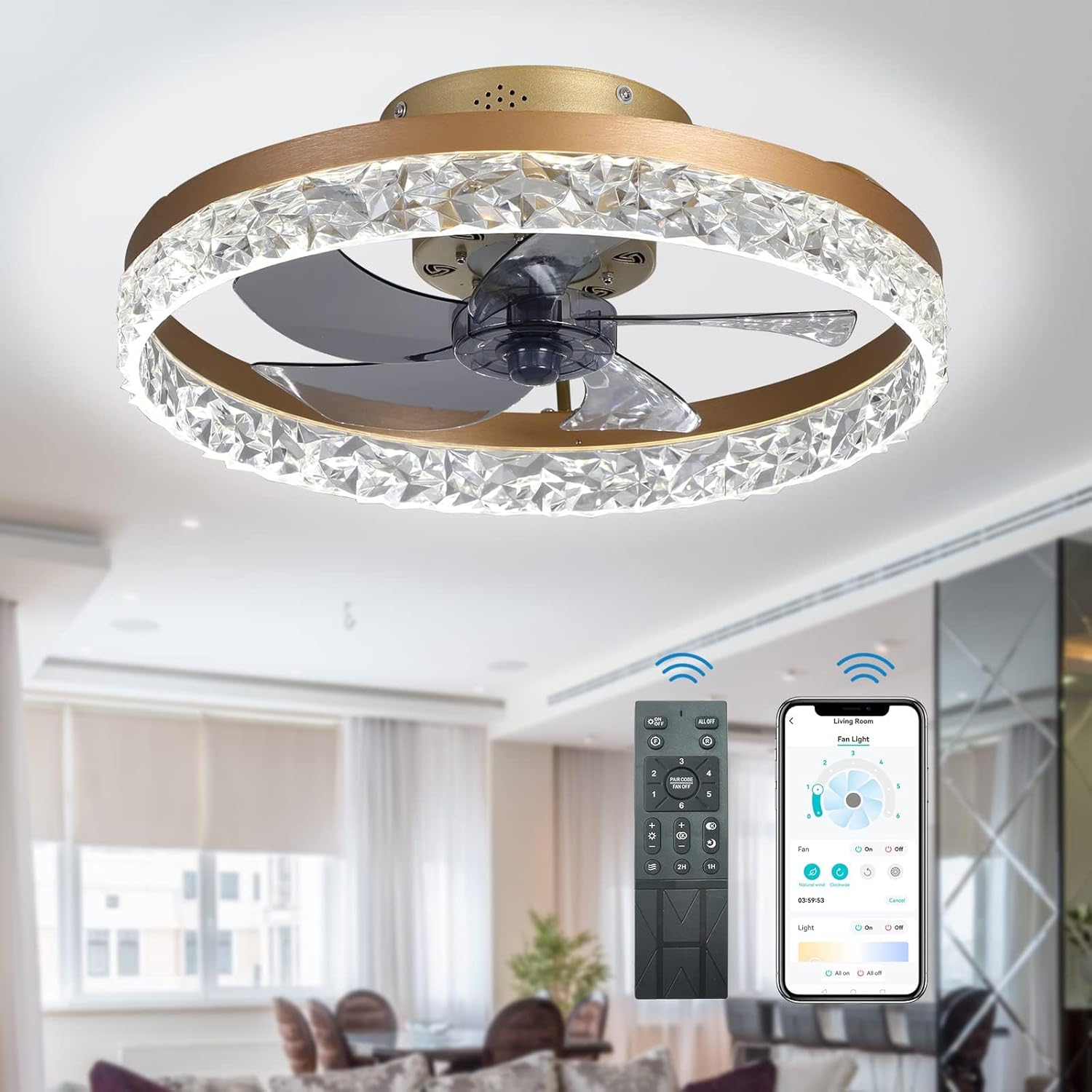 TANWO Low Profile Ceiling Fans with Lights, 20" Flush Mount Ceiling Fan with Light and Remote, Modern Dimmable Round Shape Ceiling Light Fan with Remote/App Control,Timing 6 Speeds Fan Ceiling Lamp Gold