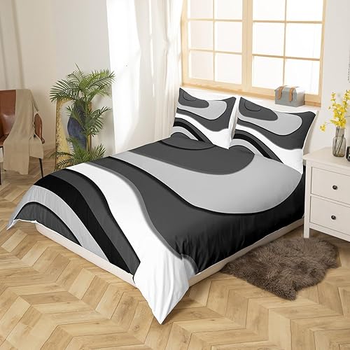 Miniatura 3 de Funda de edredón tamaño Queen, color negro, blanco, gris, con diseño de remolinos geométricos, para niños, niñas, adolescentes, juego de ropa de