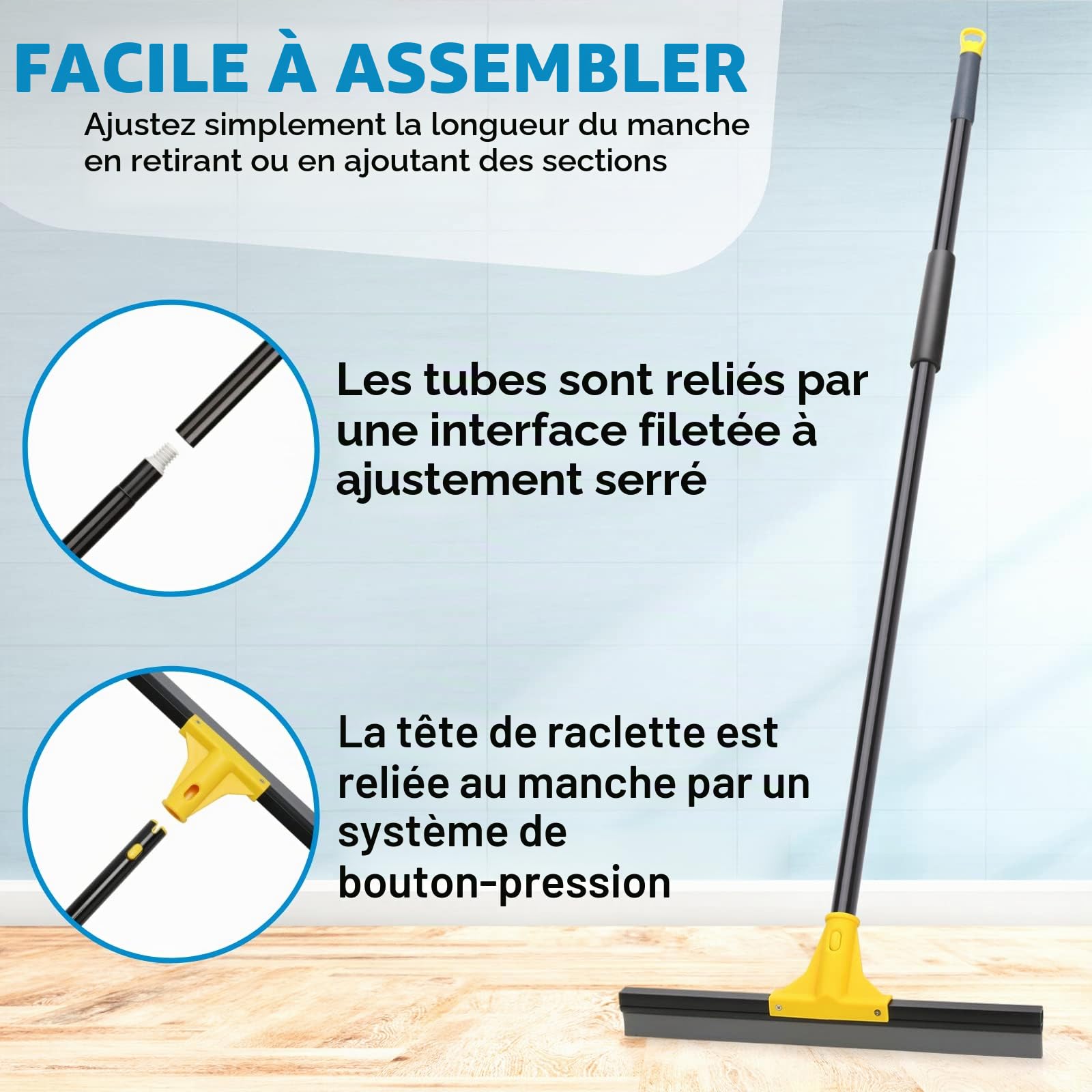 Raclette de sol d'extérieur très résistante, 45 cm, balai en caoutchouc avec long manche, 163 cm, pour le nettoyage du garage, de la cour, de la salle de bain, de la douche, du verre, des fenêtres, du