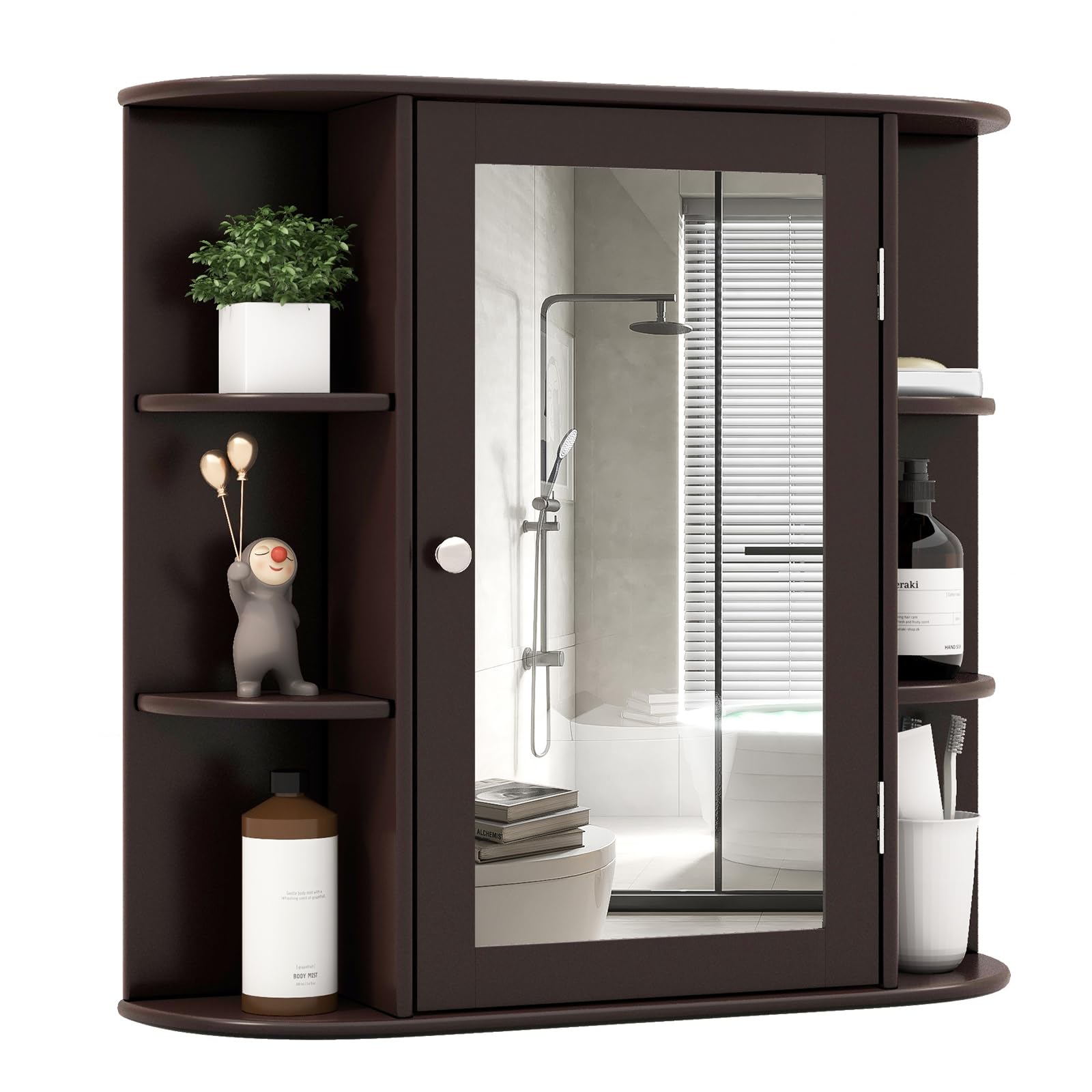 Moccha Bathroom Cabinet, Mirrored Wall Mounted Medicine Cabinet with Mirrored Door and 6 Open Shelves, Floating Shelf, Dressing Mirror with Storage Cabinet, Suitable for Foyer, Living Room (Brown)