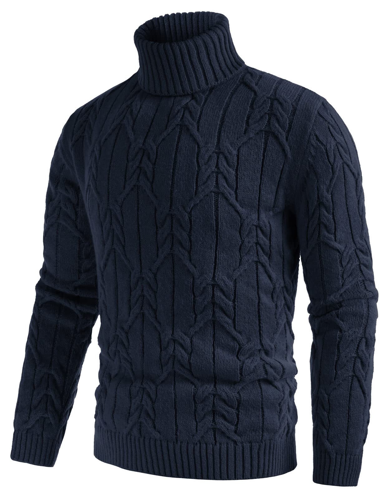 GRACE KARIN Suéter de punto torcido de color sólido de manga larga suéter de punto trenzado de cuello alto de los hombres, Azul marino/flor y brillo, XX-Large
