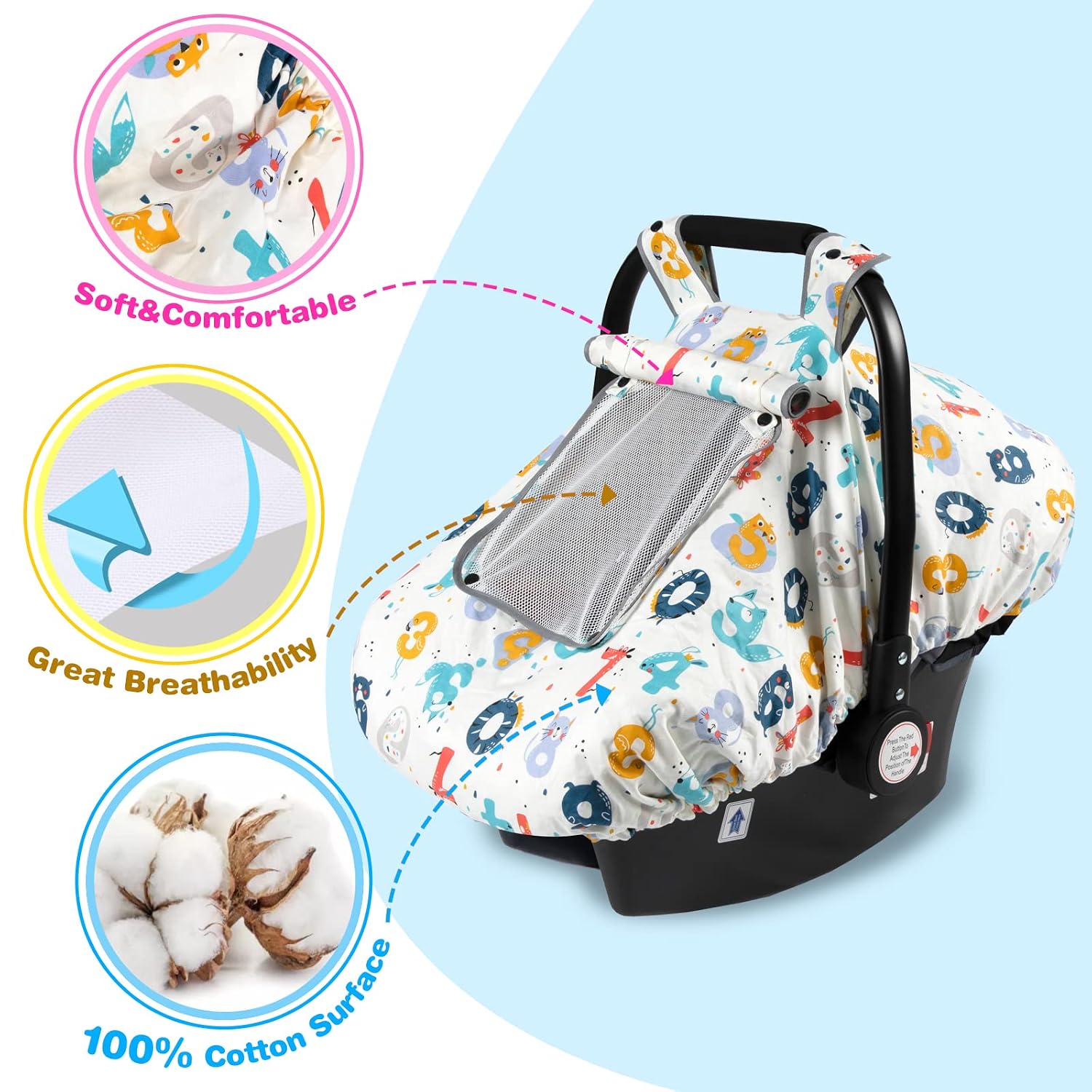 Baby Car Seat Cover - Universal Fit, Snug, Breathable, Canopy for Boys/Girls, Ideal for All Seasons (Numbers)
