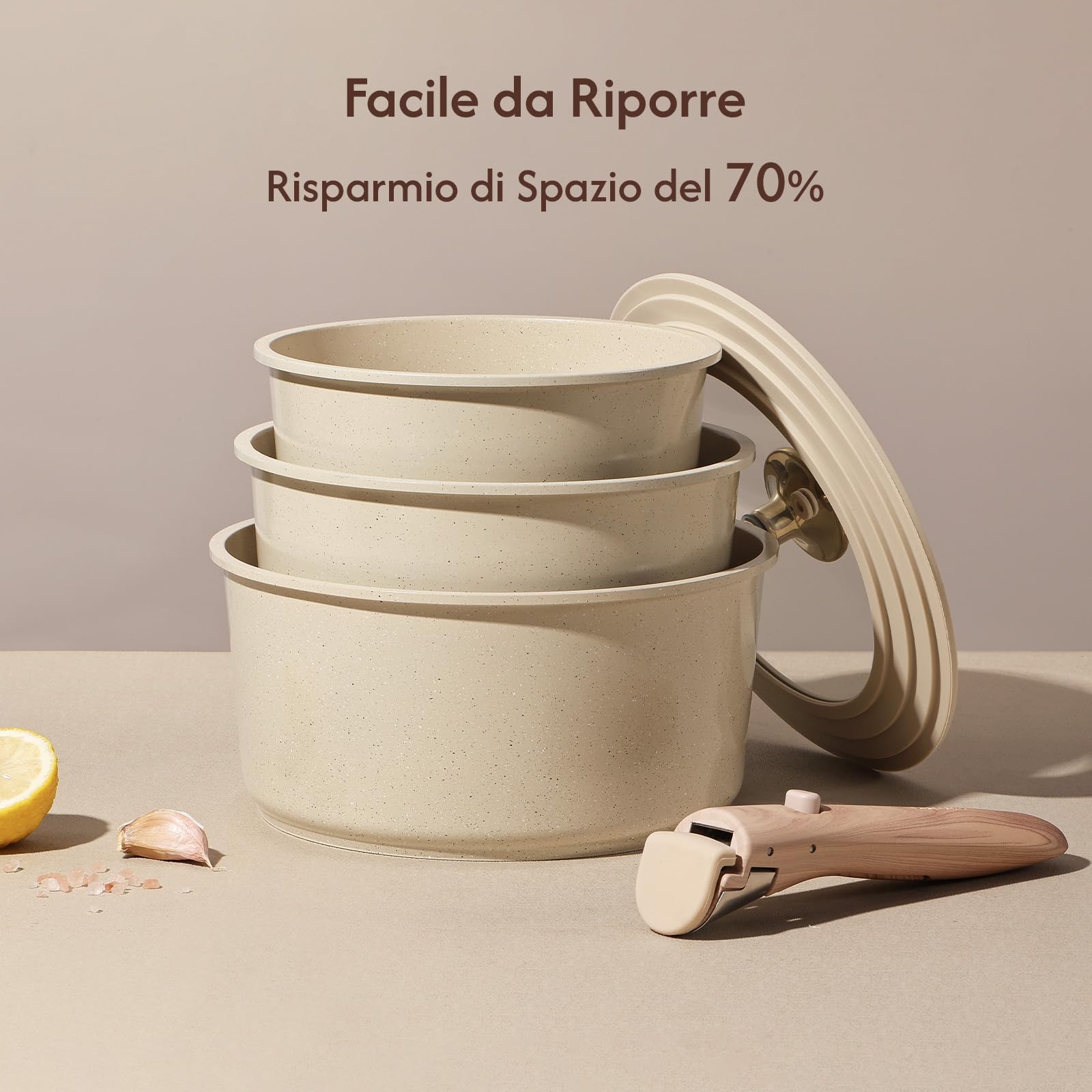 CAROTE Pentolini Antiaderenti in Ceramica 16/18/20 cm con Manico Rimovibile