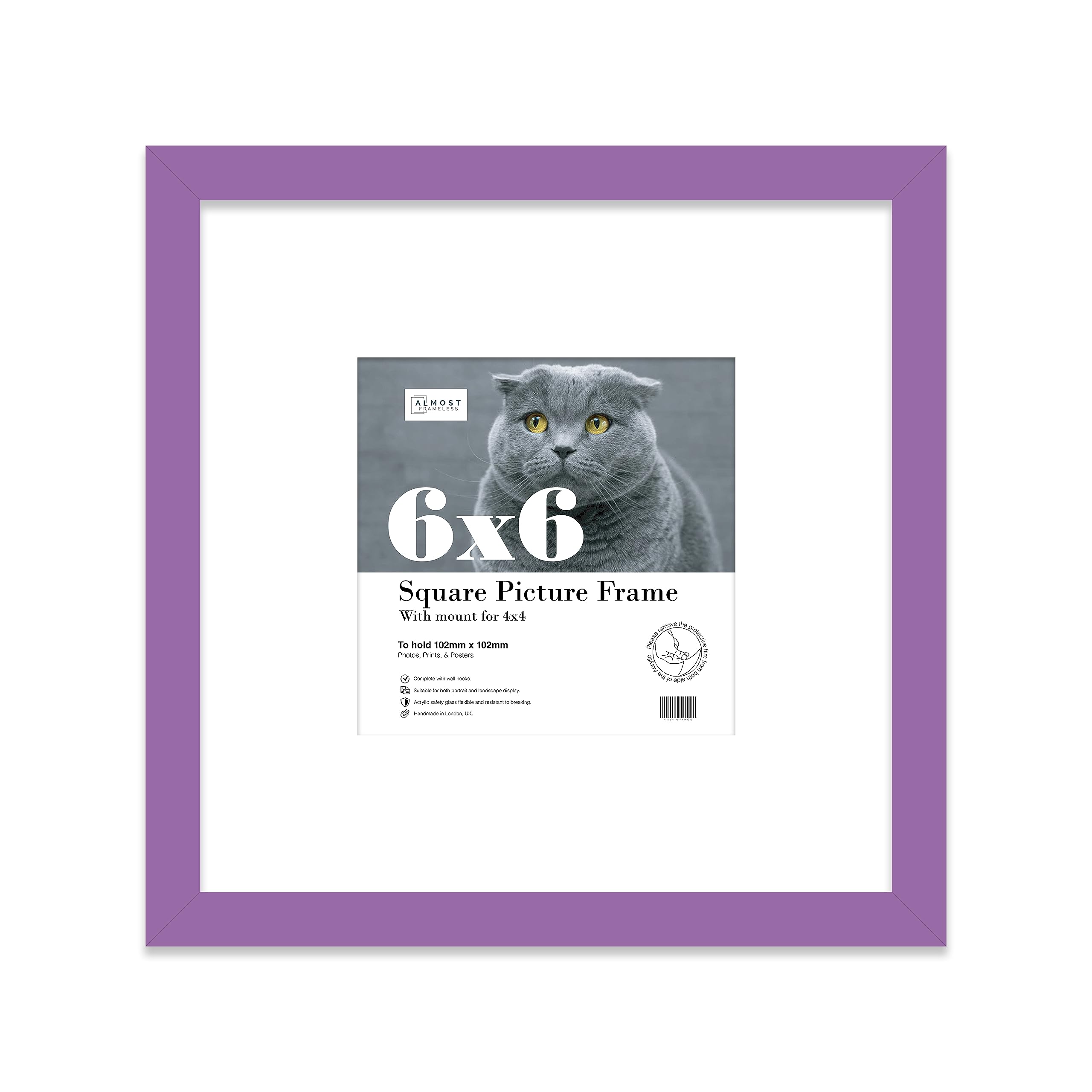 6x6 Purple Picture Frame with Mount for 4x4 Photos, Prints - Modern Square Wall Frame, 1 Pack