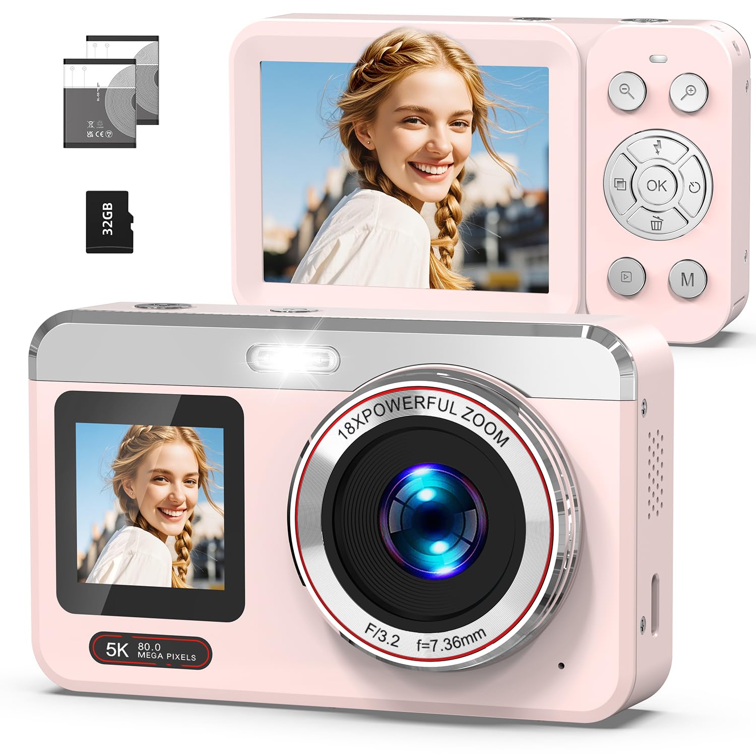 Hoorola Digital Camera, 5K Vlogging Camera for Photography, 80MP Dual Screen Point and Shoot Digital Camera with Auto Focus, 18X Zoom, Flash, 2 Batteries, 32GB Card for Teens and Adults (Pink)