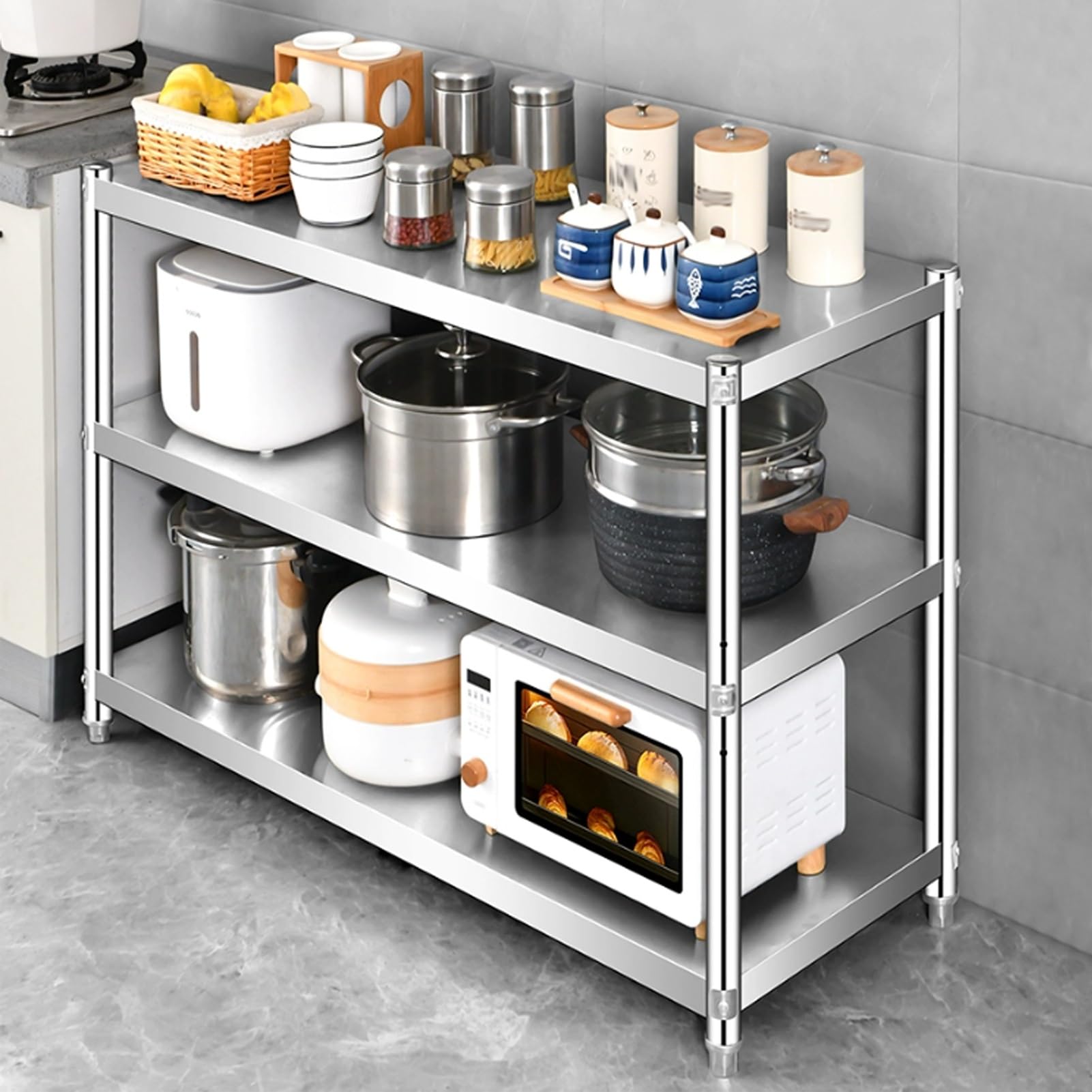 Scaffale a 3 ripiani in metallo in acciaio inox, per microonde, cucina, lavanderia e dispensa, scaffale pesante (70 x 50 x 80 cm)
