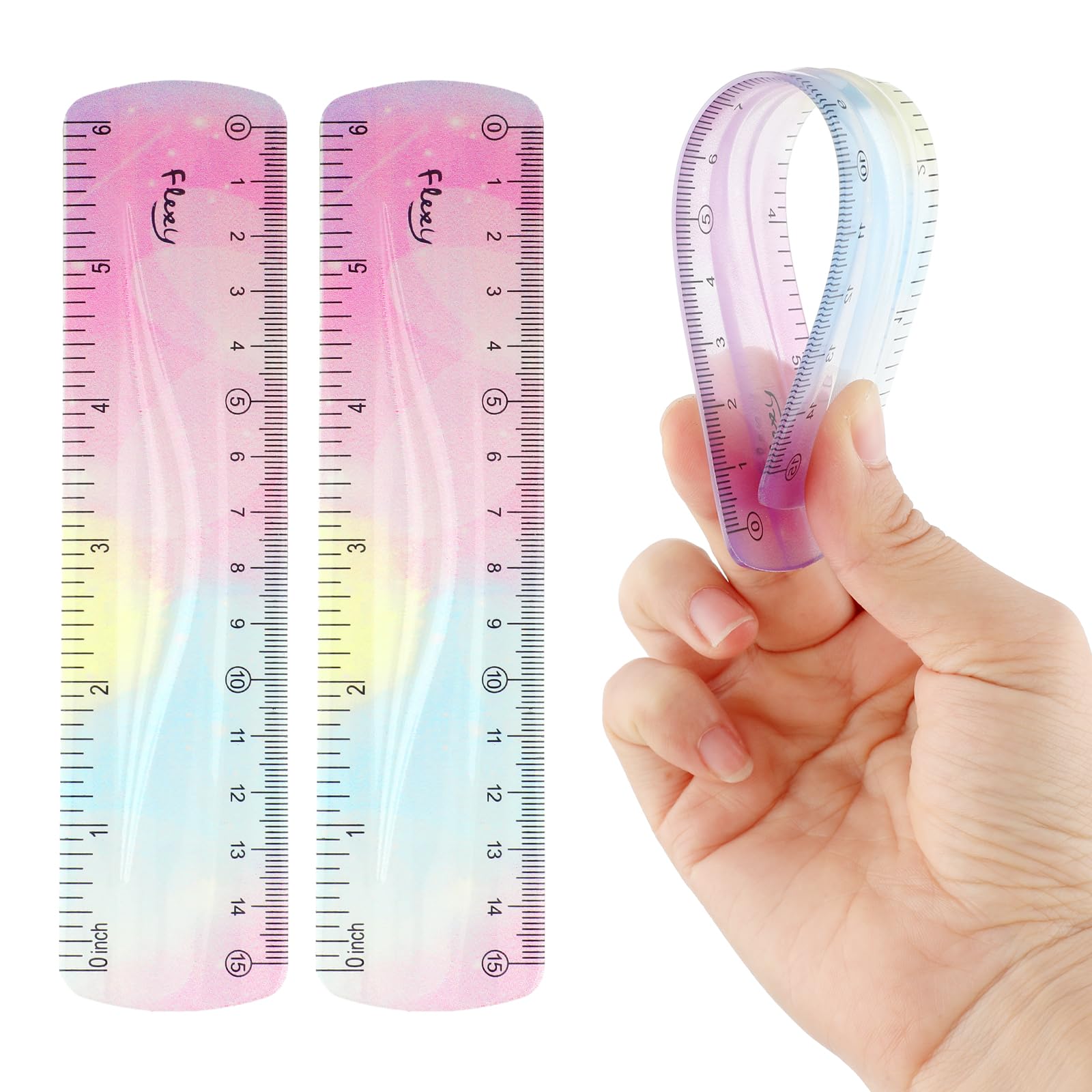 2Pcs Soft Bendable Ruler, Ymapinc 6Inch Flexible Ruler Plastic Bend with Centimeters and Inches Colorful Straight Rulers for School Classroom Office