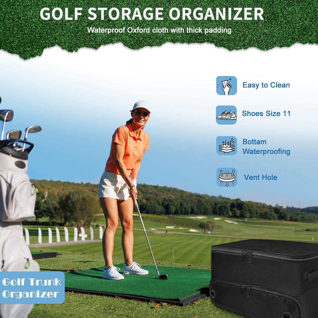 VOPHIA Organizer per Bagagliaio da Golf a 2 Strati con Scomparto Separato per 2 Paia di Scarpe da Golf Impermeabile armadietto da Golf per riporre Accessori da Golf Pieghevole e Pieghevole da Viaggio