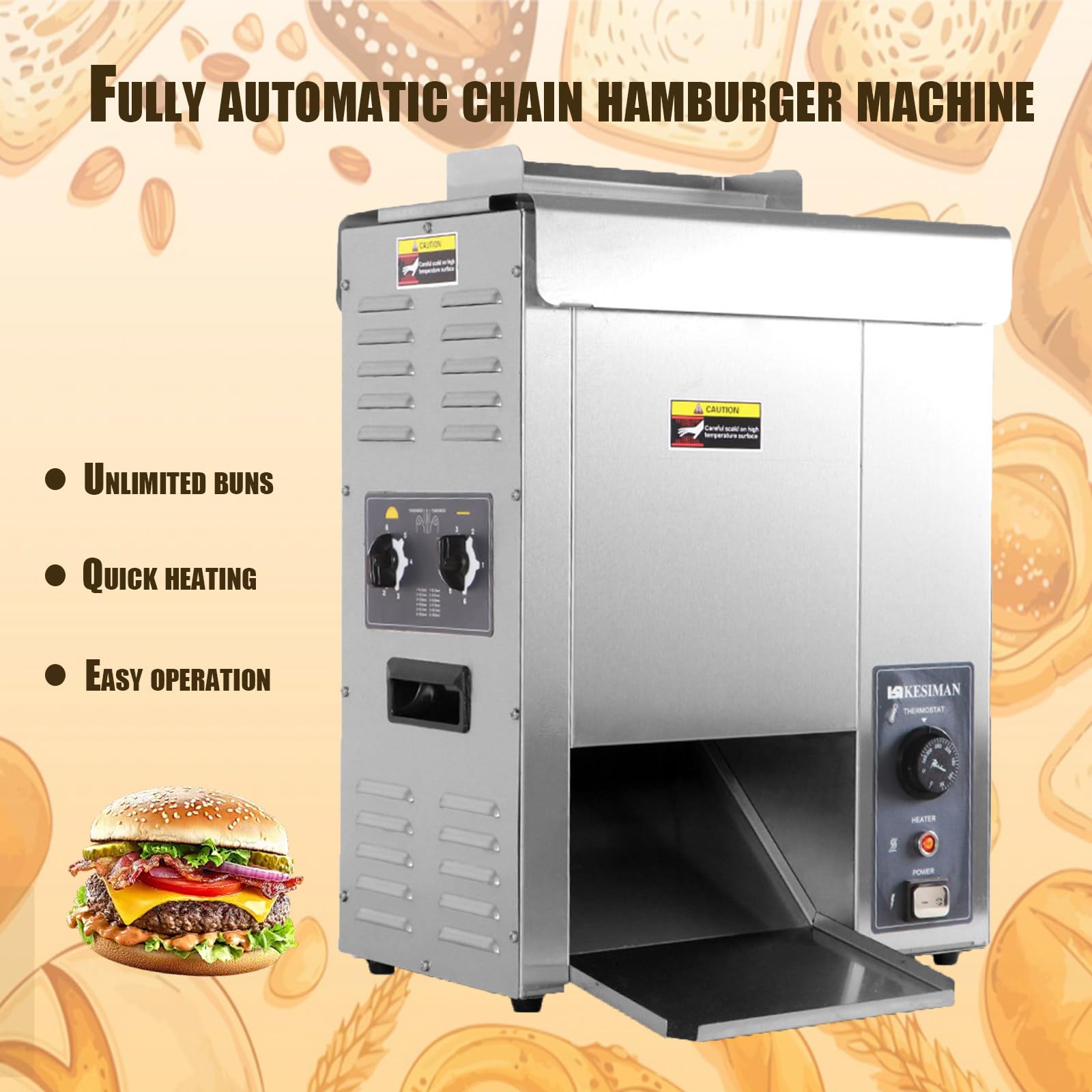 Tostadora De Hamburguesas Comercial con Cinta Transportadora, 50 ℃-300 ℃, 2000 W, con Cadena Eléctrica para Hornear Pan, Tostadas Y Bollos, Grosor Ajustable
