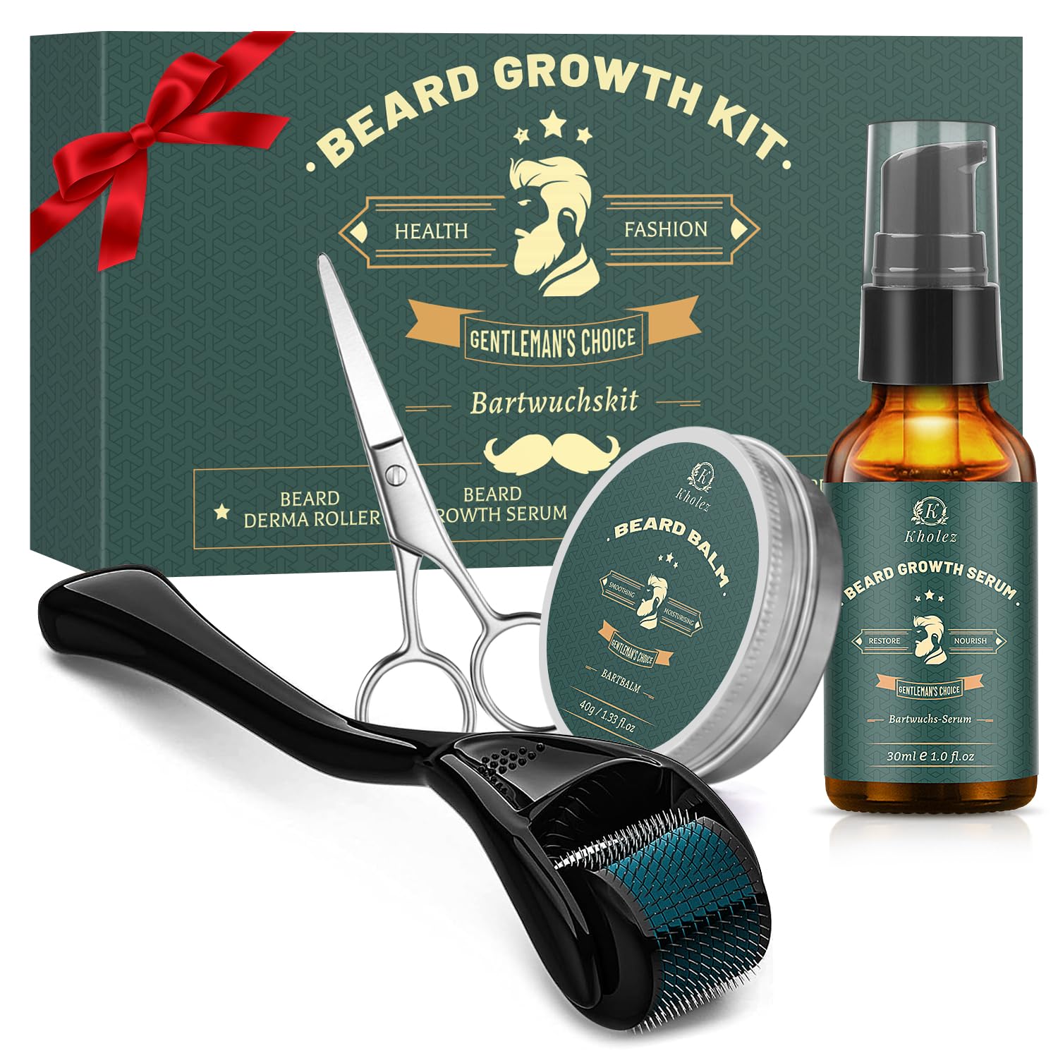 Bartroller Set von KHOLEZ – Dermaroller 0,25 mm, Bartwuchsmittel für Männer | Bartpflege Set für Männer – Bartwuchs-Routine: Bart Roller & Bartöl 30 ml, Bartbalsam 40 g & Bartschere – Geschenk für Männer