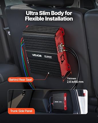 VEVOR Monoblock Car Amplifier, 2000W RMS MAX, 1/2/4 Ohm Stable, 1-Channel Class D Car Audio Amplifier with Remote Subwoofer Level Control, Low Pass Filter and Bass Boost, Volume Controller Included