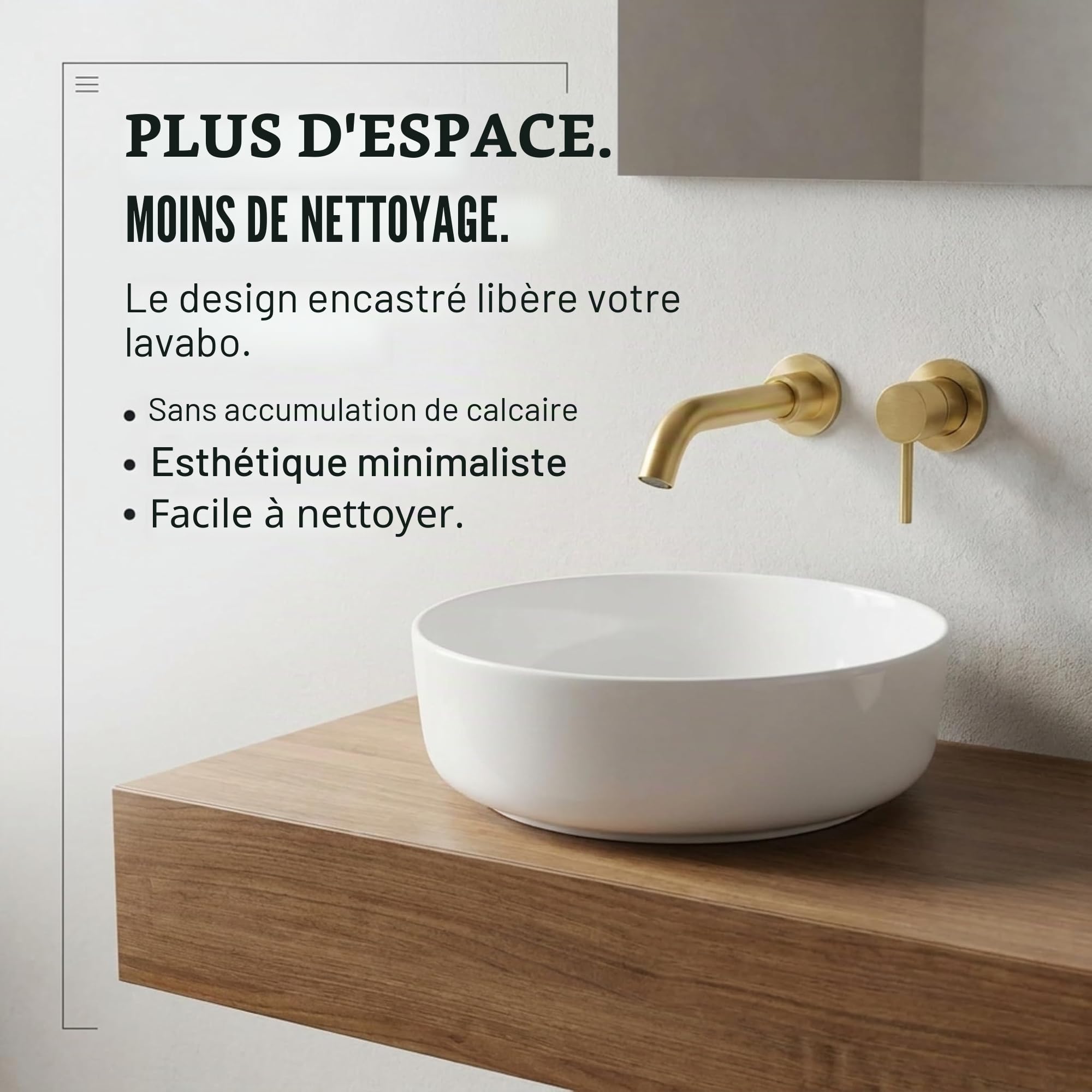 VALAZ Robinet Salle Bain Mural | Mitigeur Lavabo, Mélangeur Eau Froide et Chaude, Pas de Fuites, Installation Facile | Laiton, Inoxydable, Doré Brossé Protecion PVD, Rond, Bec 15 cm, Série Gualquivir