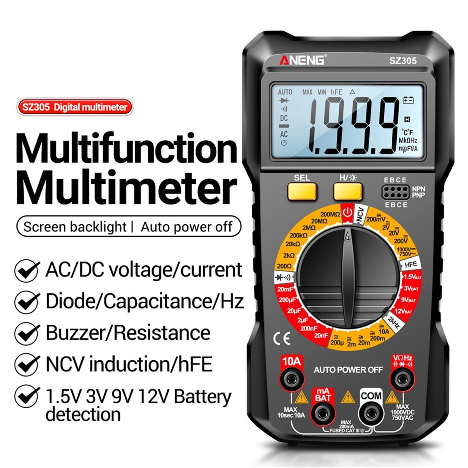 SZ305 1999 profesjonalny licznik multimetru AC/DC tester napięcia amperomierz kondensator hFE trioda Hz detektor instrumentu elektryka (SZ305 Black Pro)