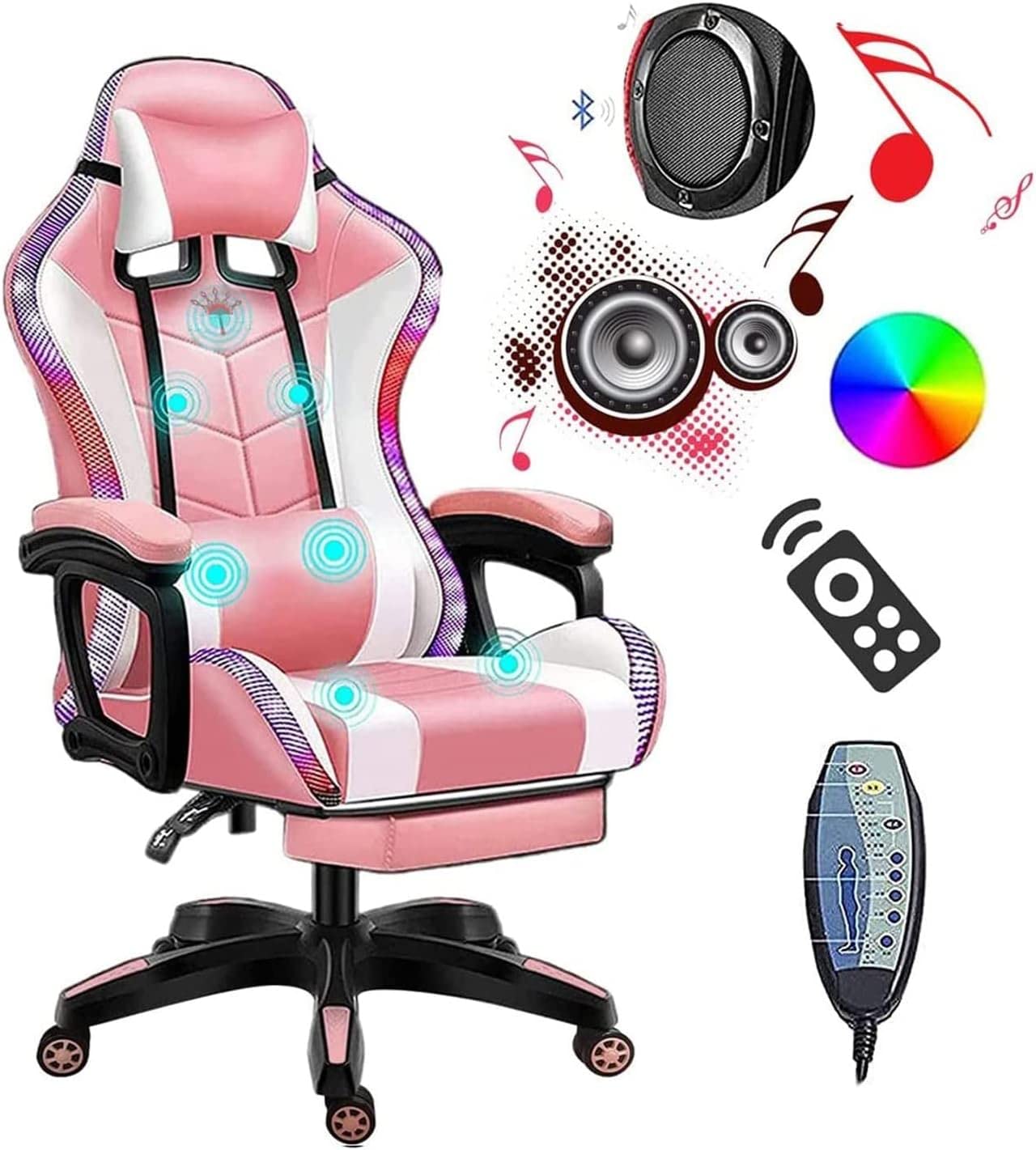 Krzesło dla graczy, krzesło dla graczy, z podnóżkiem, ergonomiczne krzesło dla graczy z głośnikami i światłem LED, masaż wysokim oparciem, krzesła do gier wideo, skóra PU, wygodny komputer