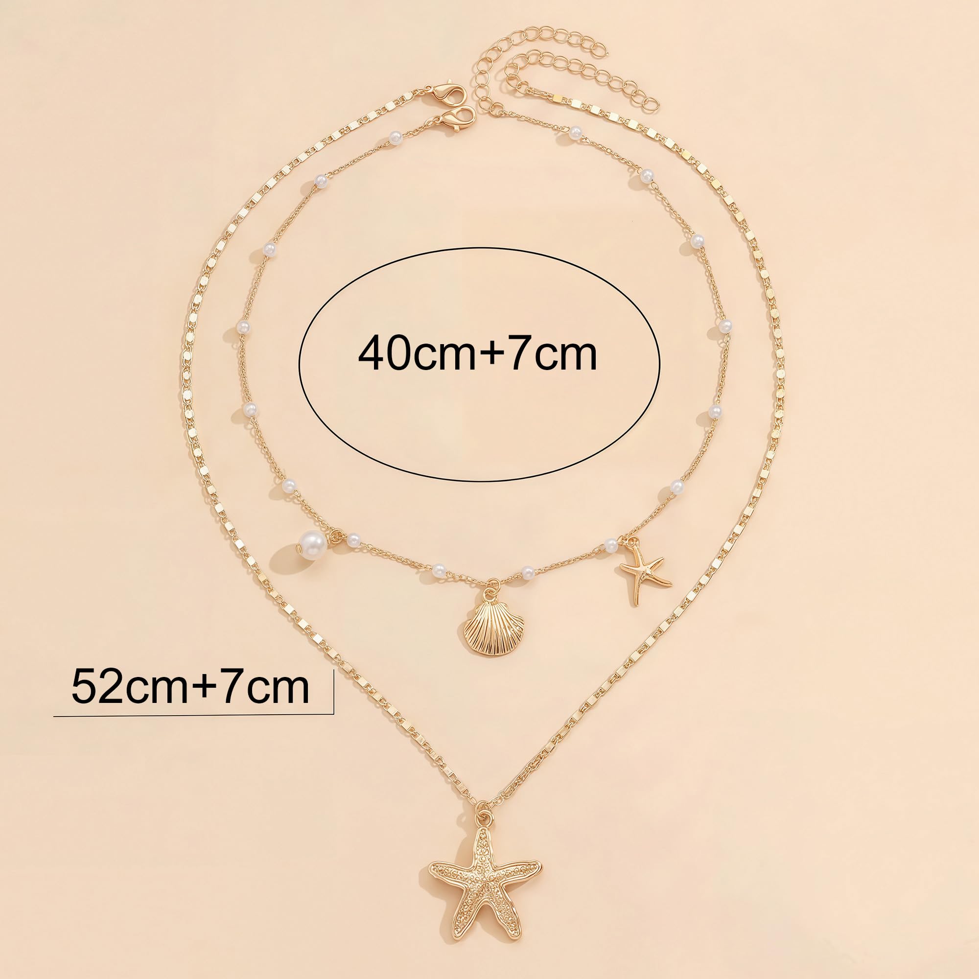 Shell Starfish Necklace for Women, Gold Plated Boho Layered Pendant Necklace with Pearl Conch Charm, Dainty Coastal Summer Beach Vacation Jewelry Gifts — view 7
