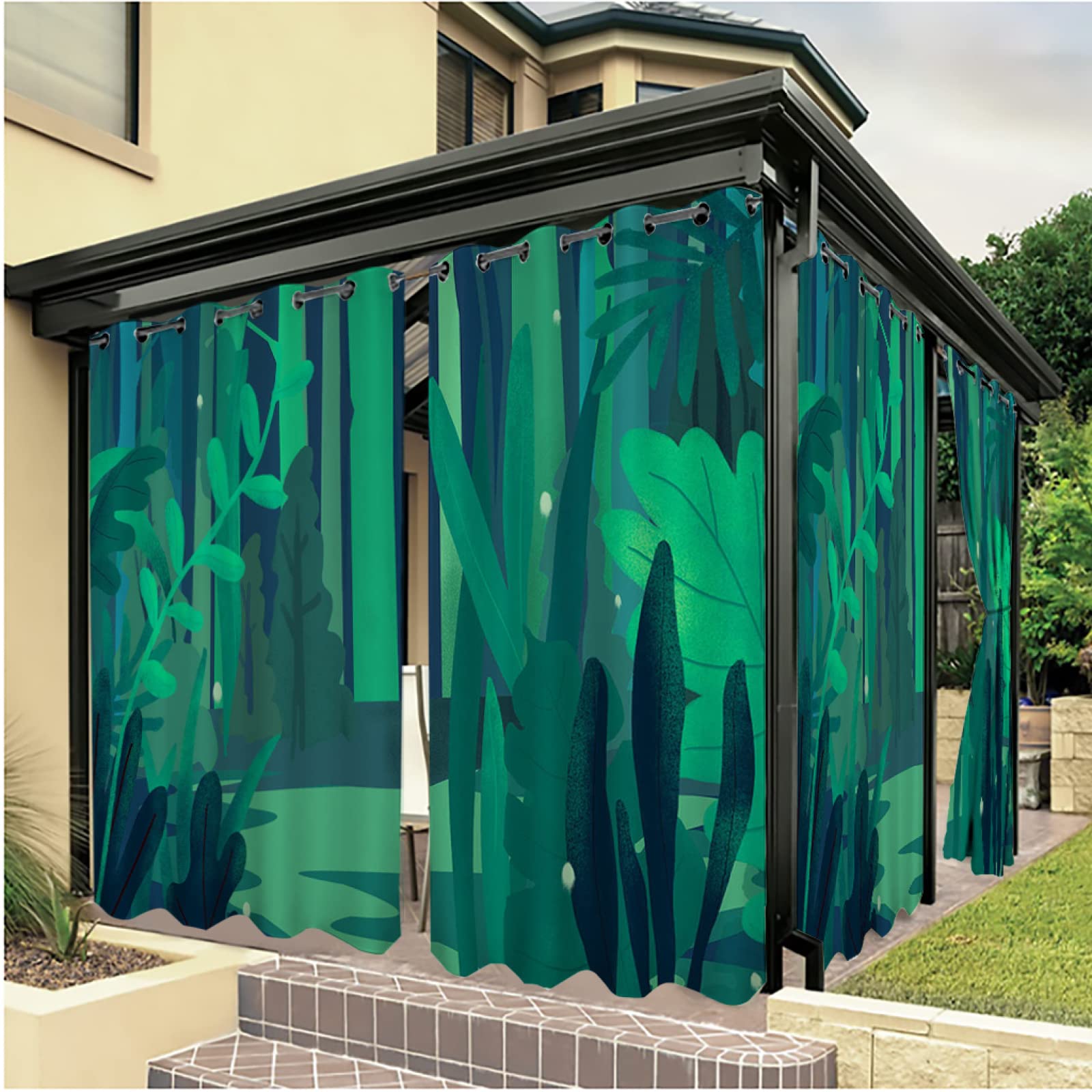 Rideau D'Extérieur Imperméable 132x213cm Imprimé Feuilles De Bananier Vert 3D - Œillets Inox Pour Terrasse, Jardin, Balcon