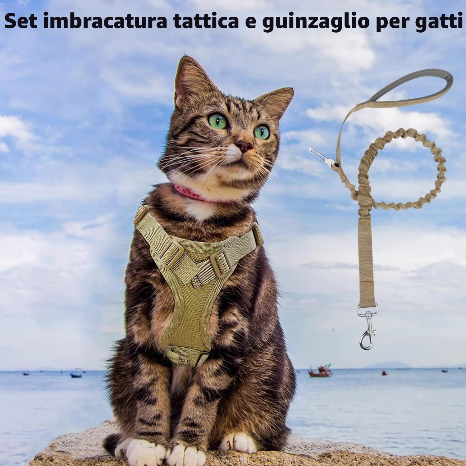 Set di pettorina tattica per gatti e guinzaglio, a prova di fuga, regolabile, con toppe, morbida imbottitura in rete, manico in gomma, facile da controllare (imbracatura e guinzaglio kaki)