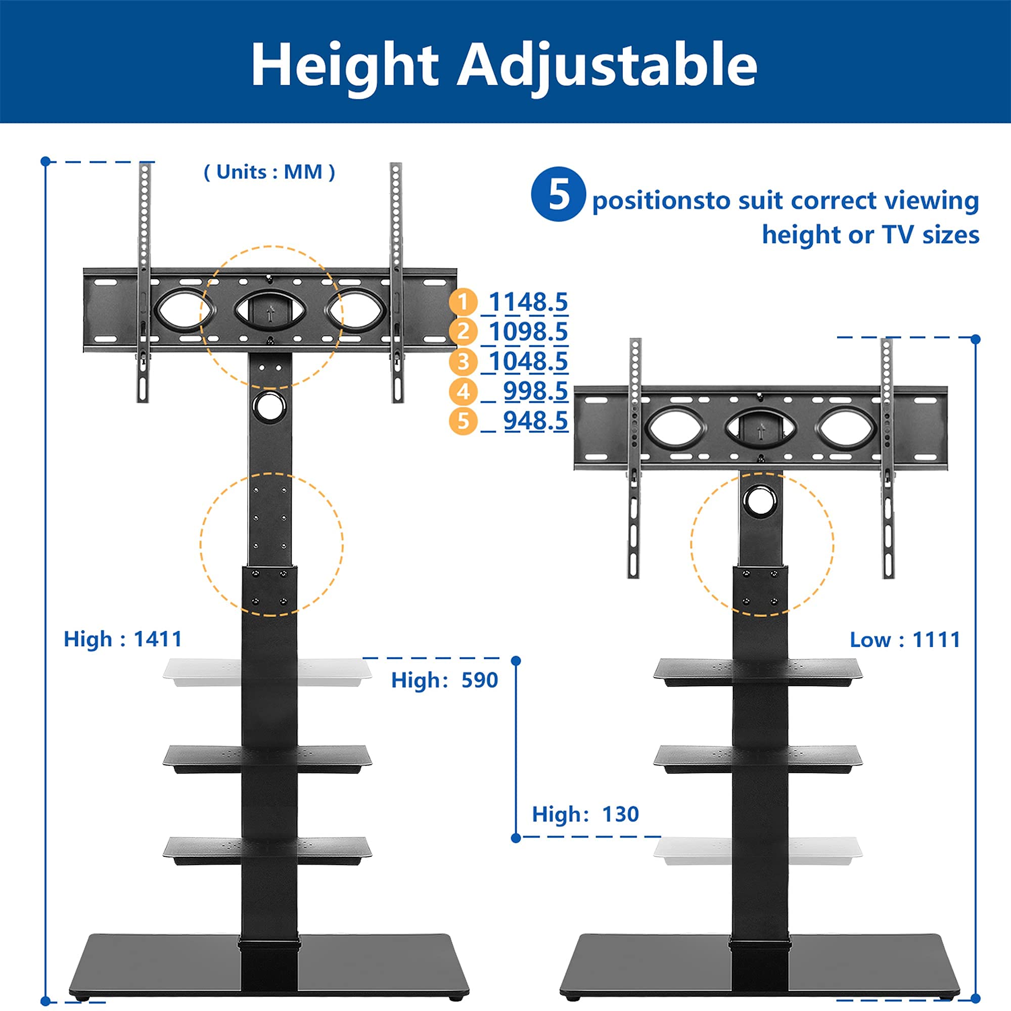 Rfiver Swivel Floor TV Stand with VESA Mount for 32 39 40 43 49 50 55 60 65 inch Flat Screens