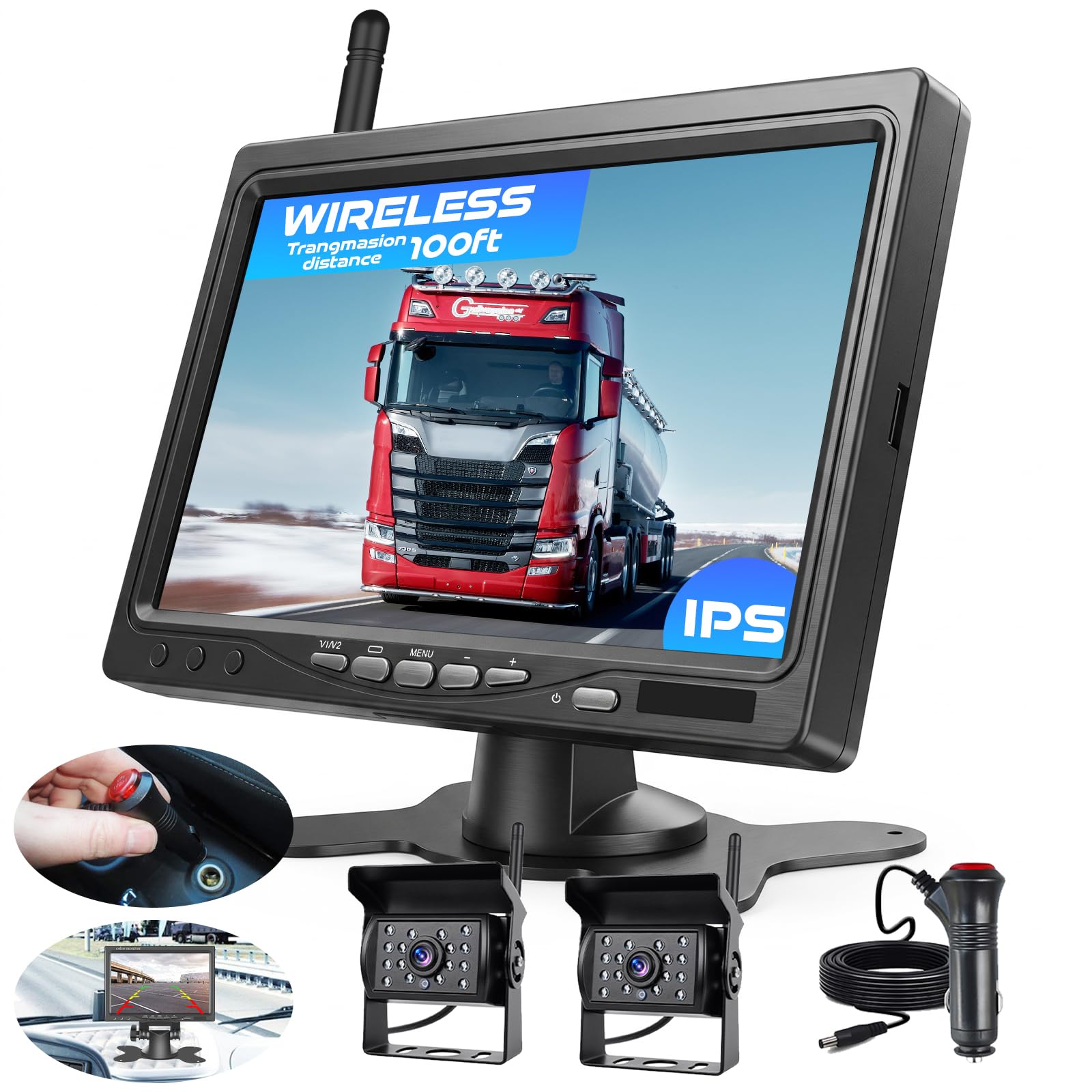 Hikity Kit de Cámara Trasera Inalámbrica para Coche, Monitor de 7 Pulgadas con Doble Cámara Trasera Impermeable con Visión Nocturna y Gran Angular para RV Camión, Autobús