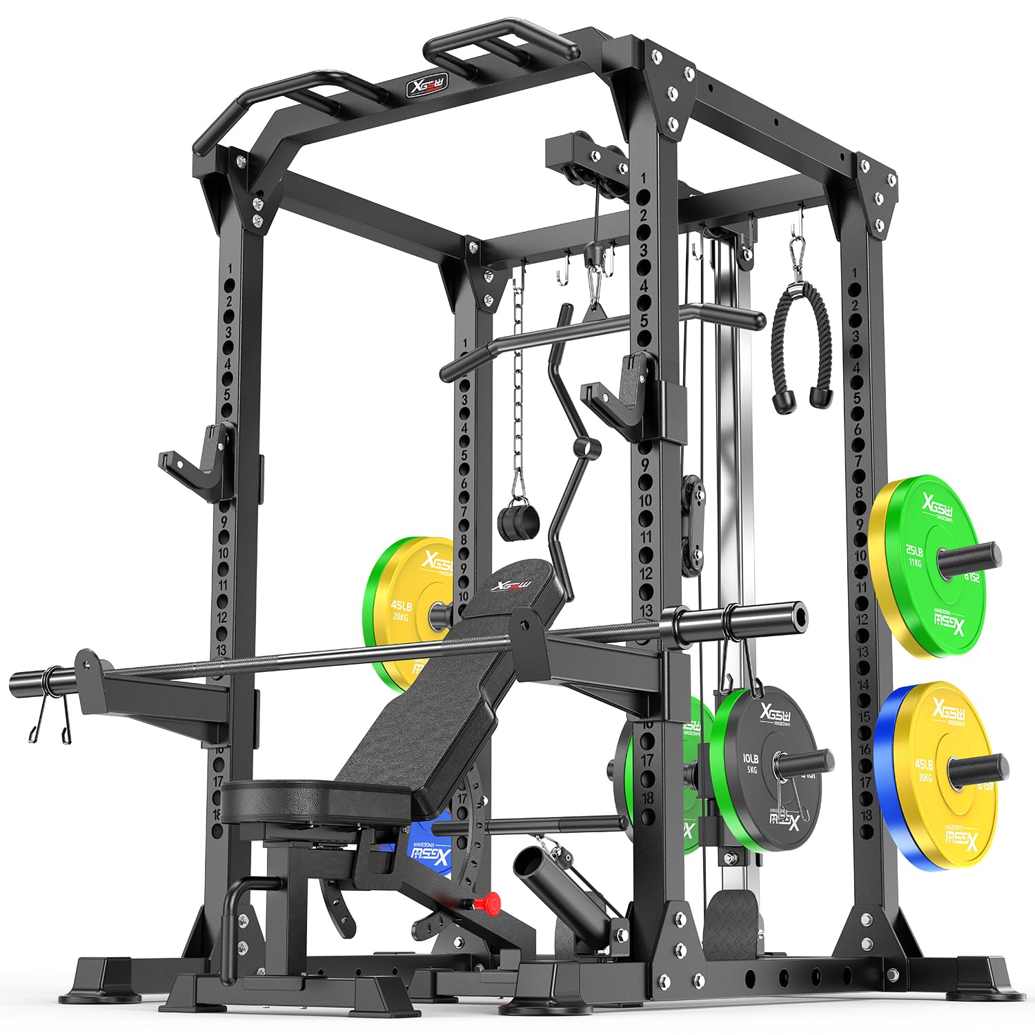 Power Cage Multi-Function Power Rack with Cable Crossover System,1800 LBS Capacity Squat Rack with Weight Bench,for Home Gym