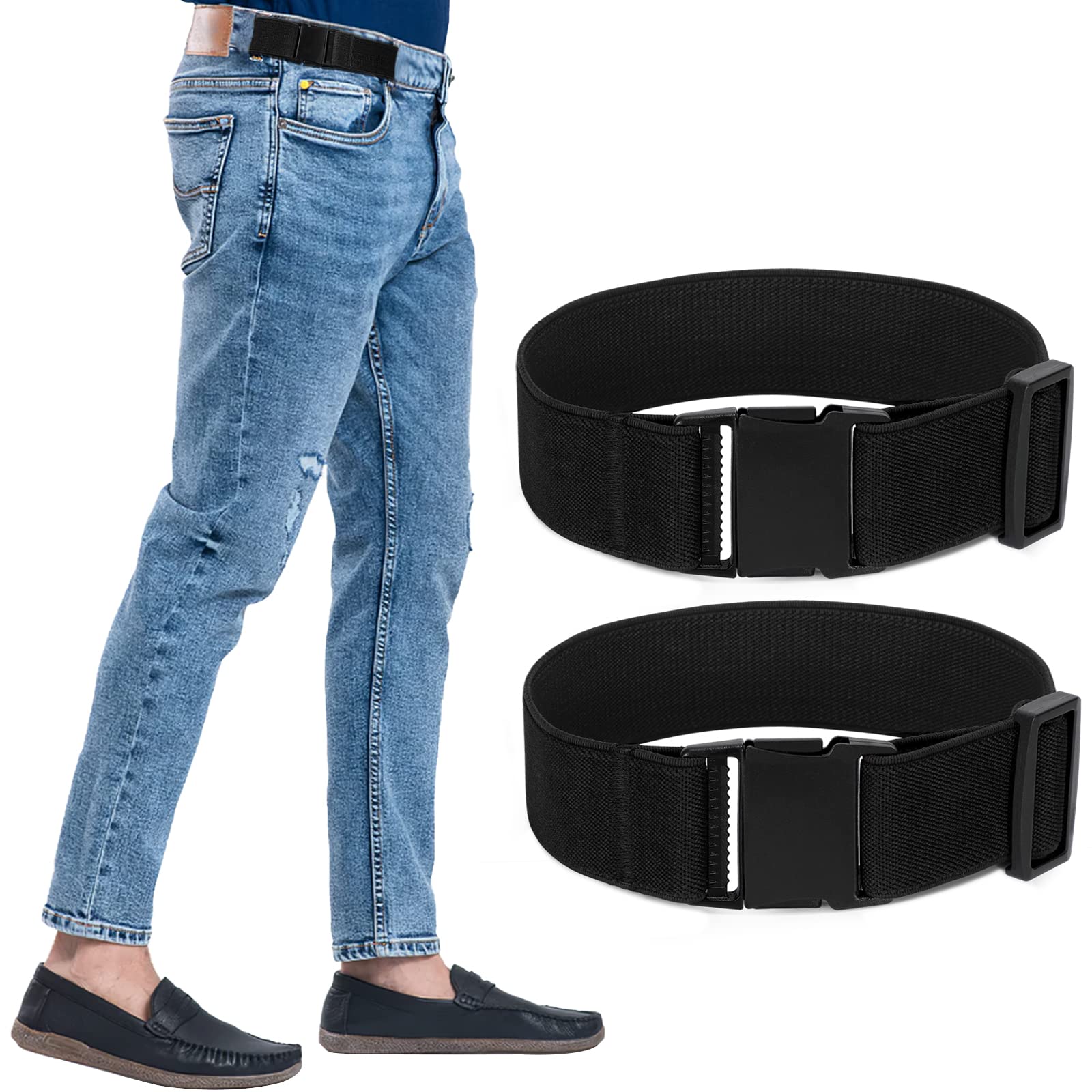 WERFORU2 Pack Unisex 2 Loop No Show Elastic Belt Men Women Invisible Belt with Plastic Flat Buckle for Jean- Fit 1.5 Inch Belt Loop