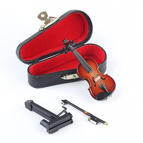Dselvgvu Wooden Miniature Violin with Stand, Bow and Case Mini Musical Instrument Violin Replica Collectible Figurines Dollhouse Accessories Model Home Decoration Display Ornament (3.15"x1.18"x0.59") - 3.15"x1.18"x0.59"