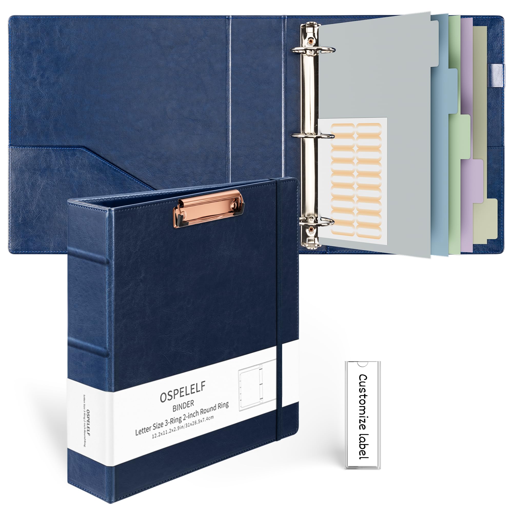 Ospelelf 3 Ring Binder with Clipboard 2 Inch Vintage Leather Binder Organizer for Letter Size (8.5" x 11"), Professional Clipboard Binder Dividers with 5 Tabs, Dark Blue