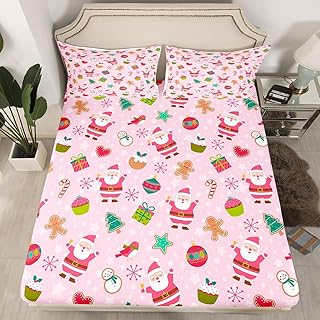 Manfei Christmas Fitted Sheet Twin Size, Santa Claus Xmas Tree Snowflake Bed Cover with 1 Pillowcase, New Year Pink Bedding Set 2pcs for Kids Girl Room Decor, Soft Polyester Bedding