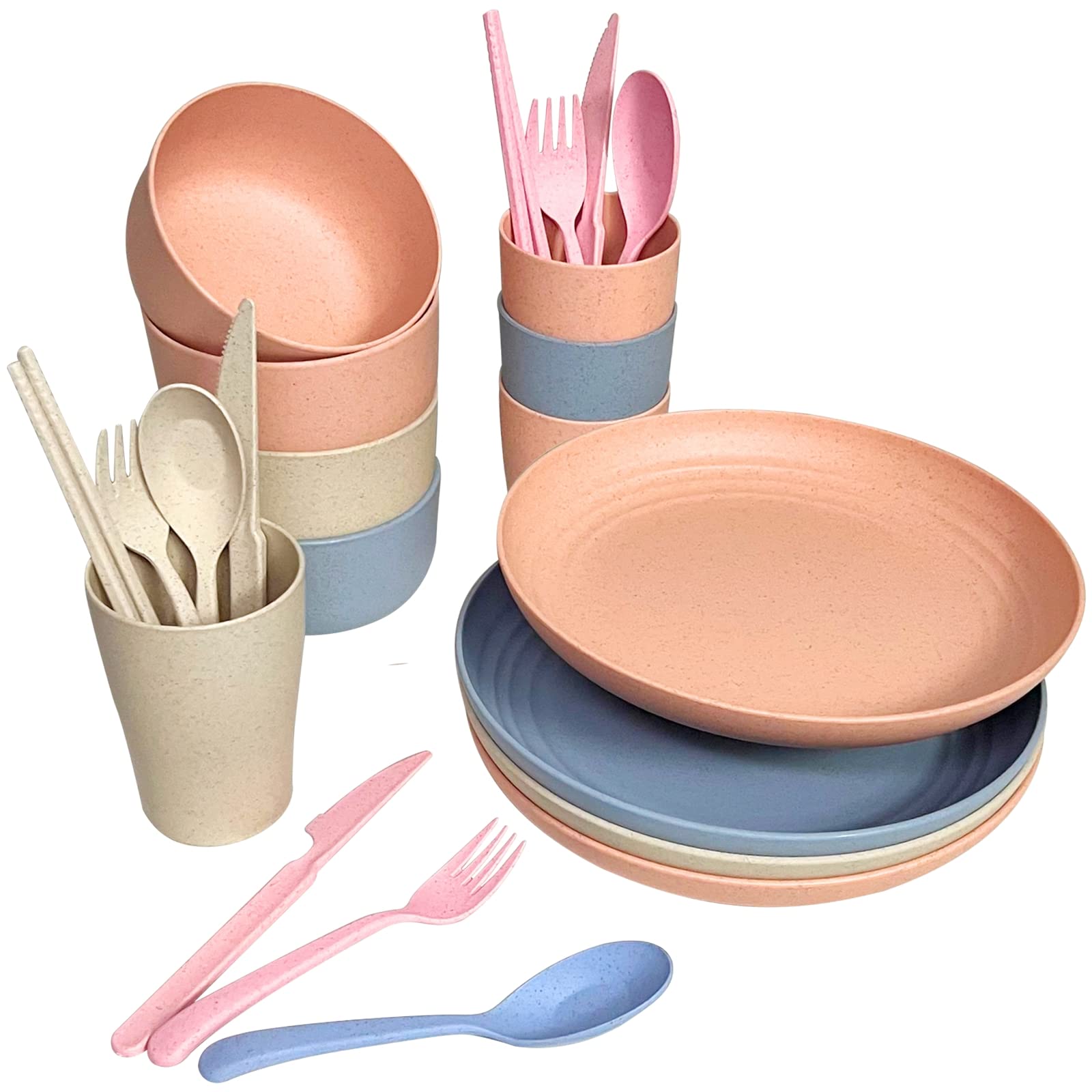 Kings Creations KING CREATIONS Wheat Straw Dinnerware Sets- Unbreakable Lightweight Plates and Bowls Sets- Microwave Dishwasher Safe Tableware, Reusable Dinner Bowls Cups and Plates Set - 32PCS